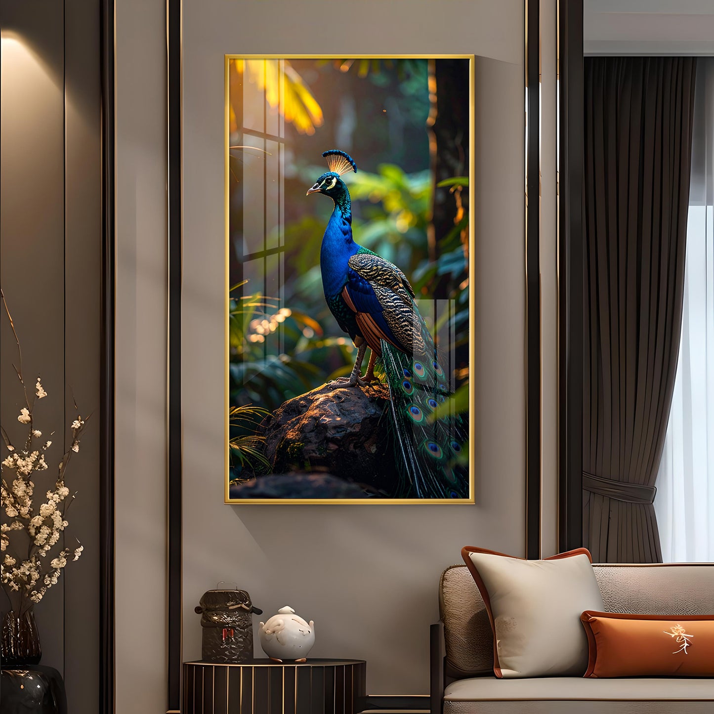 Peacock Perch Glass Finish Vertical Wall Art