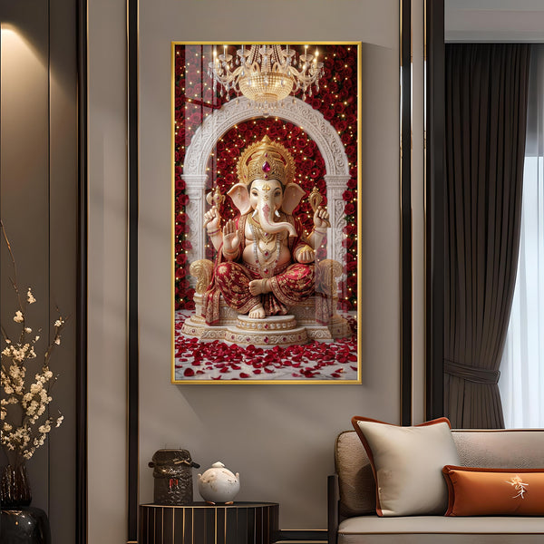 Divine Shree Ganesh Glass Finish Vertical Wall Art