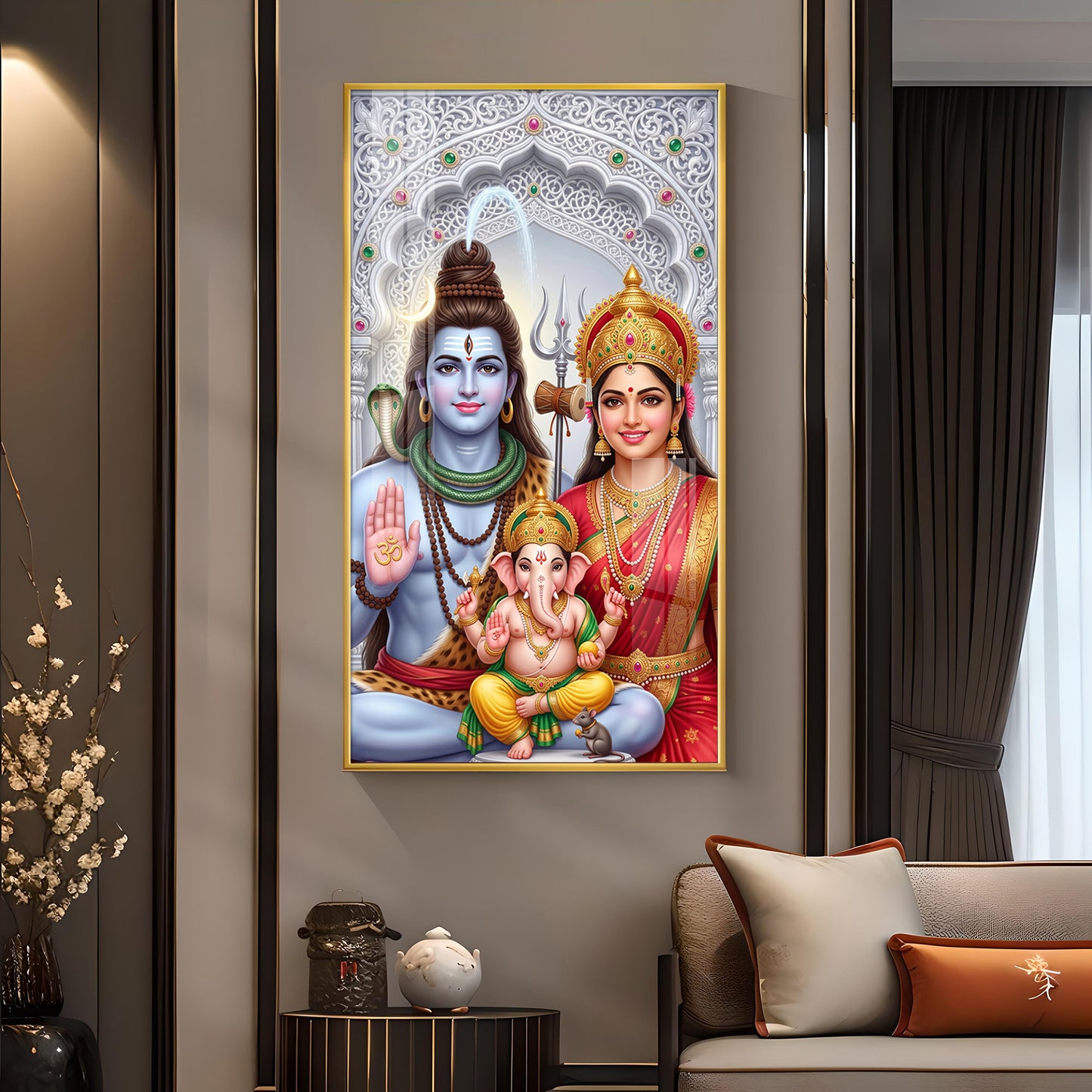 Hindu Deity Family Glass Finish Vertical Wall Art