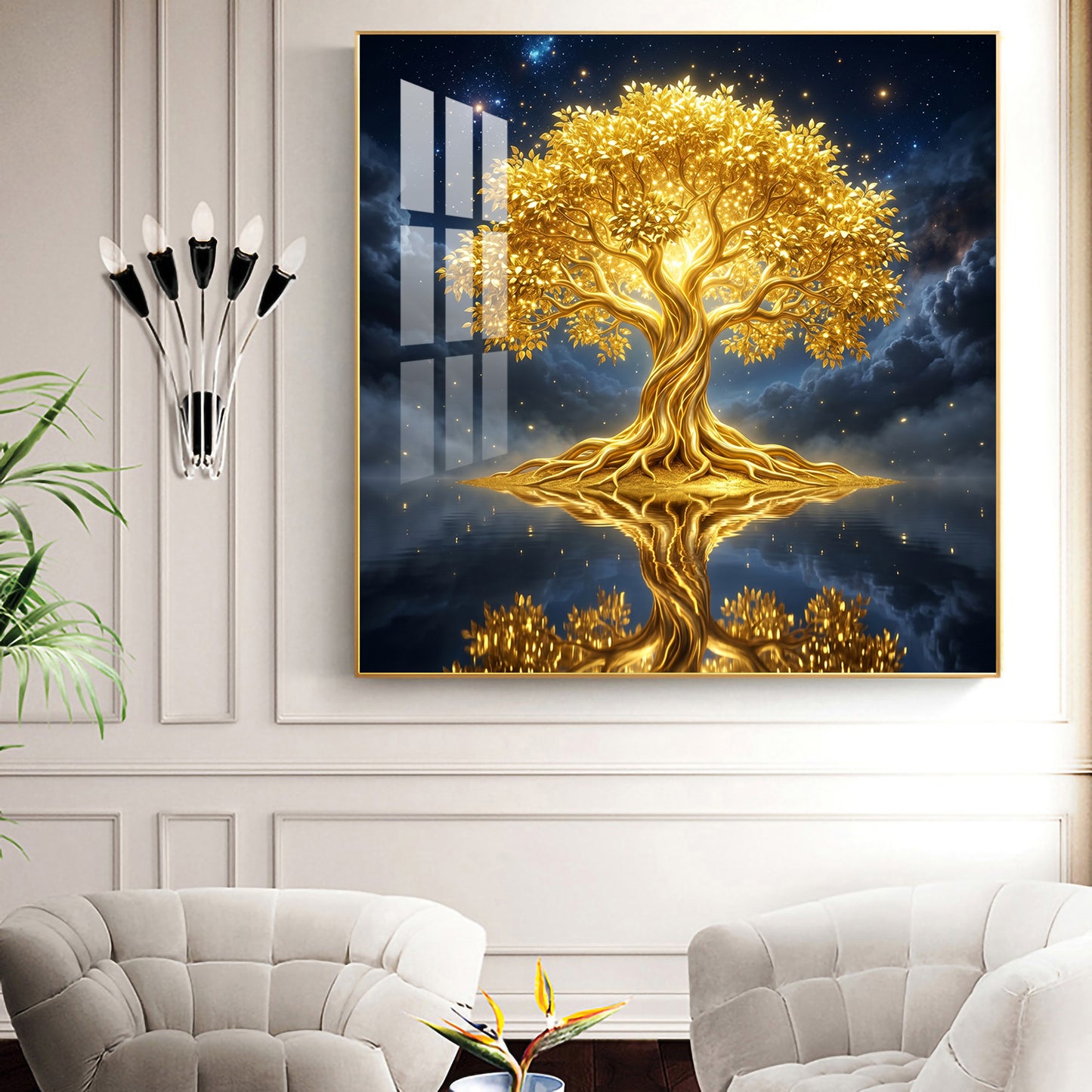 Divine Tree Kalpavriksha Glass Finish Square Wall Art