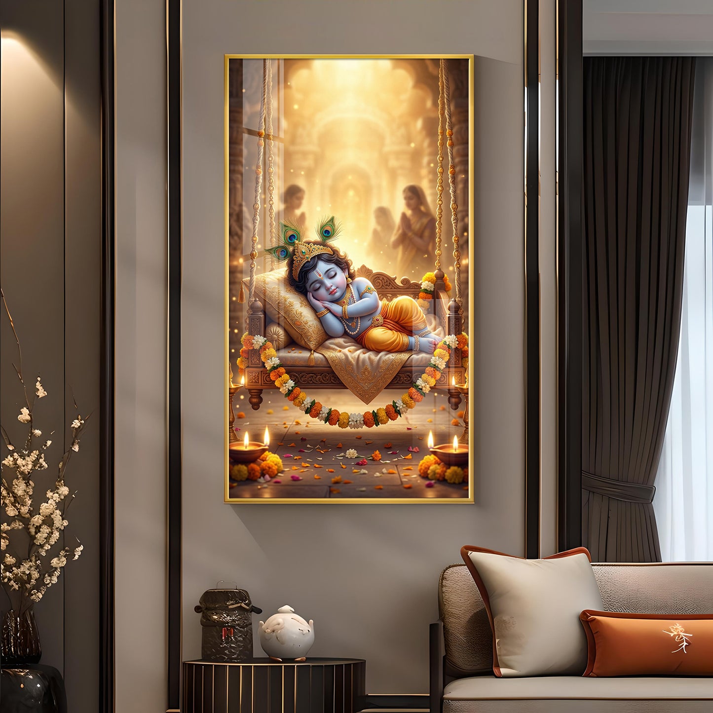 Sleeping Little Krishna Glass Finish Vertical Wall Art