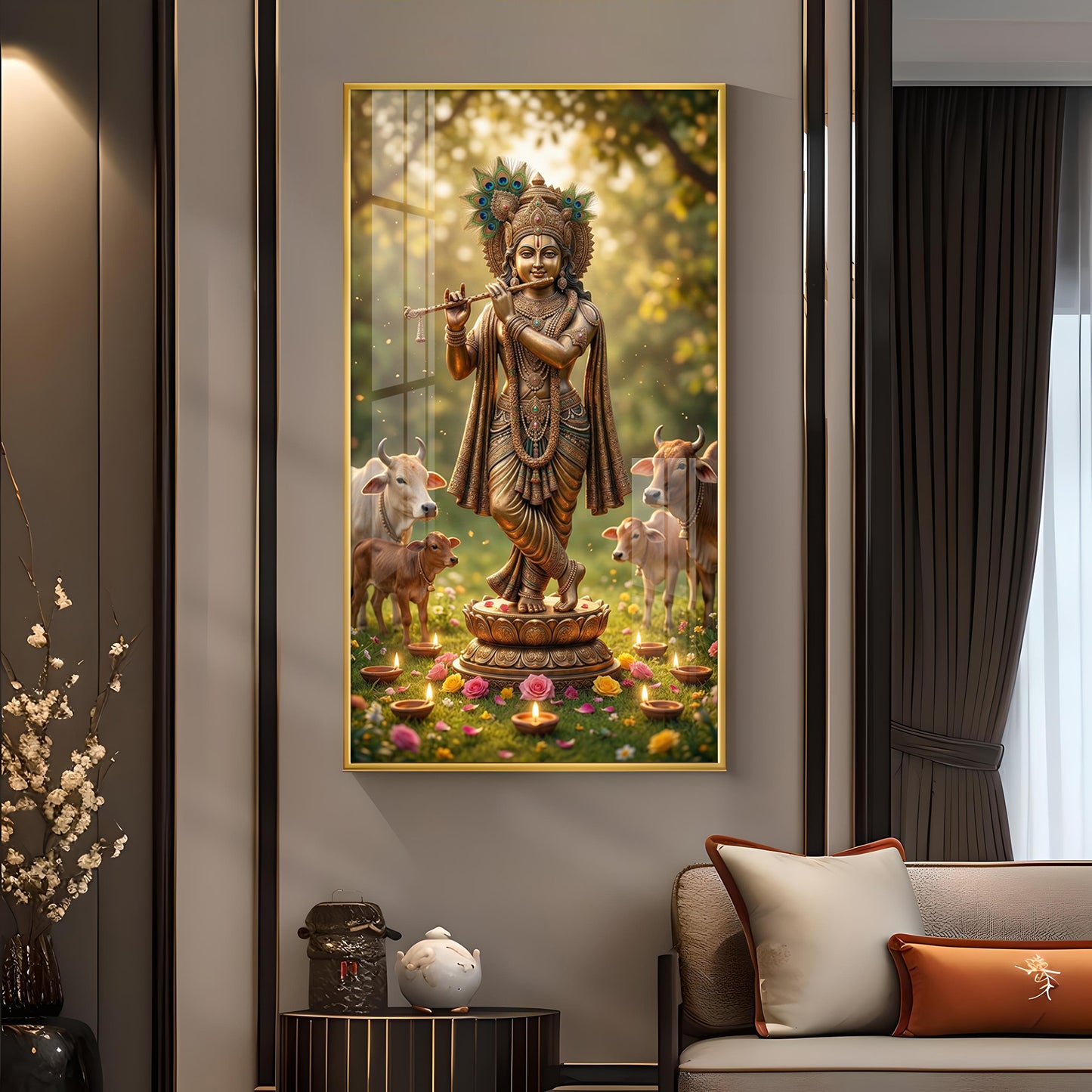 Lord Krishna With Playing the Flute Glass Finish Vertical Wall Art