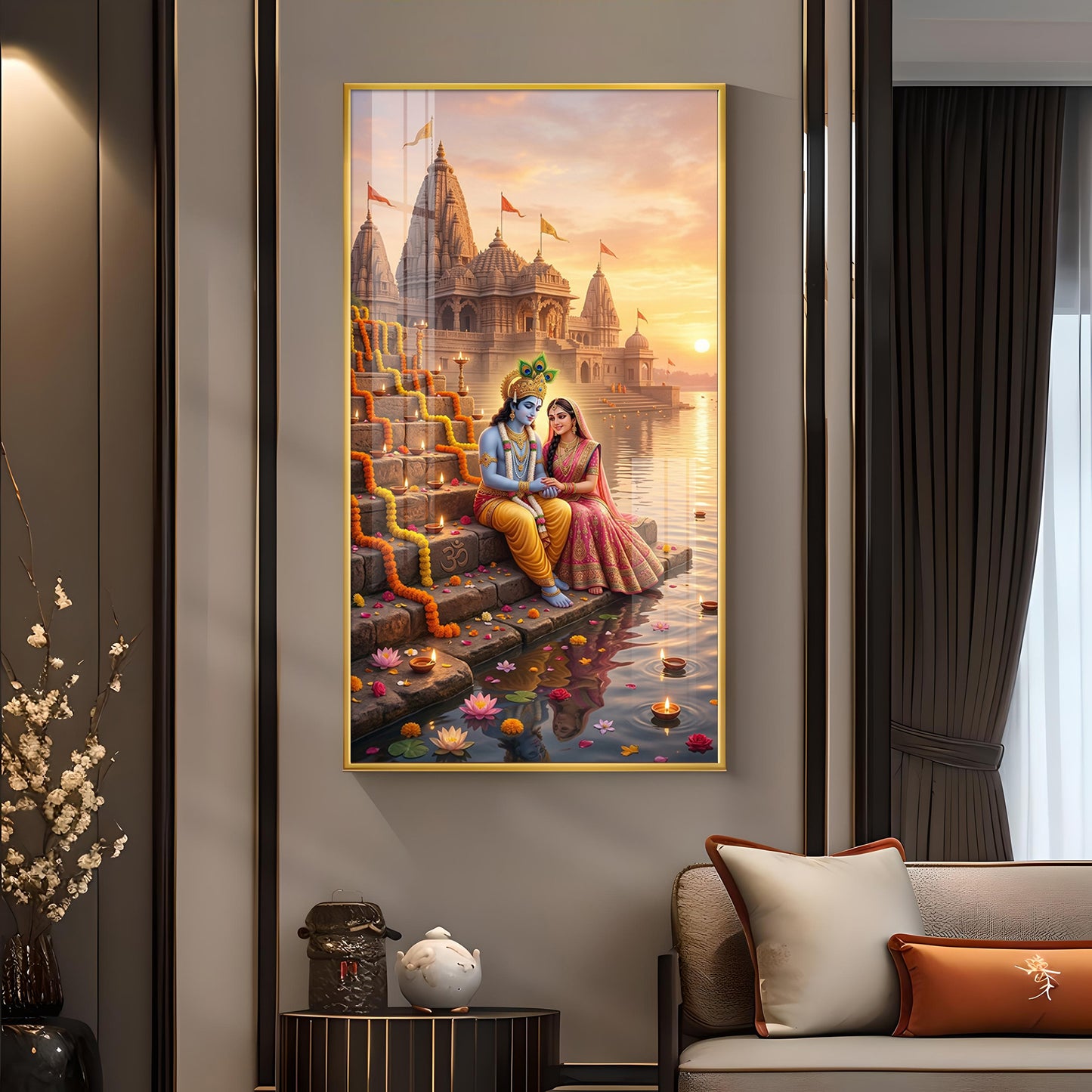 Radha Krishna On Ghat Glass Finish Vertical Wall Art