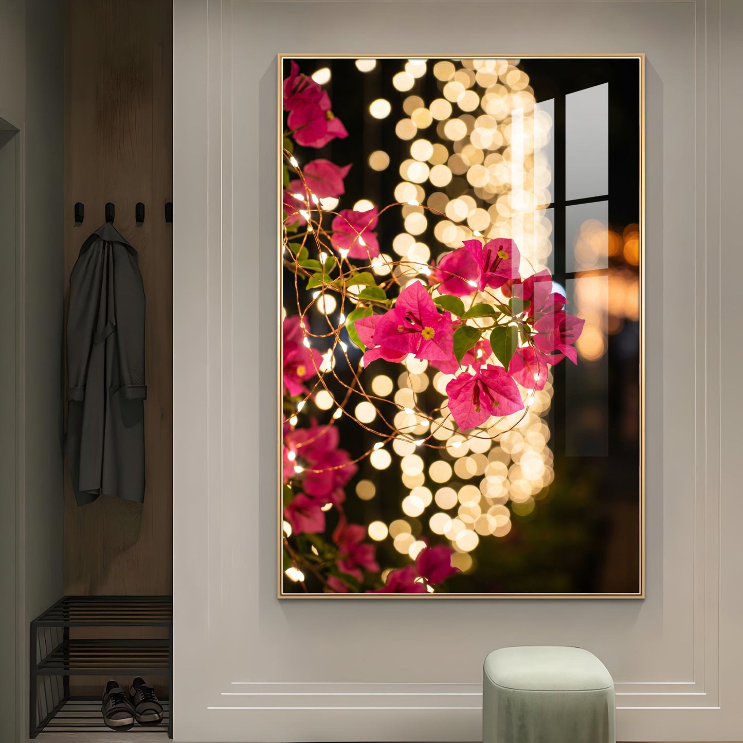 Pink Bougainvillea Flowers Glass Finish Vertical Wall Art