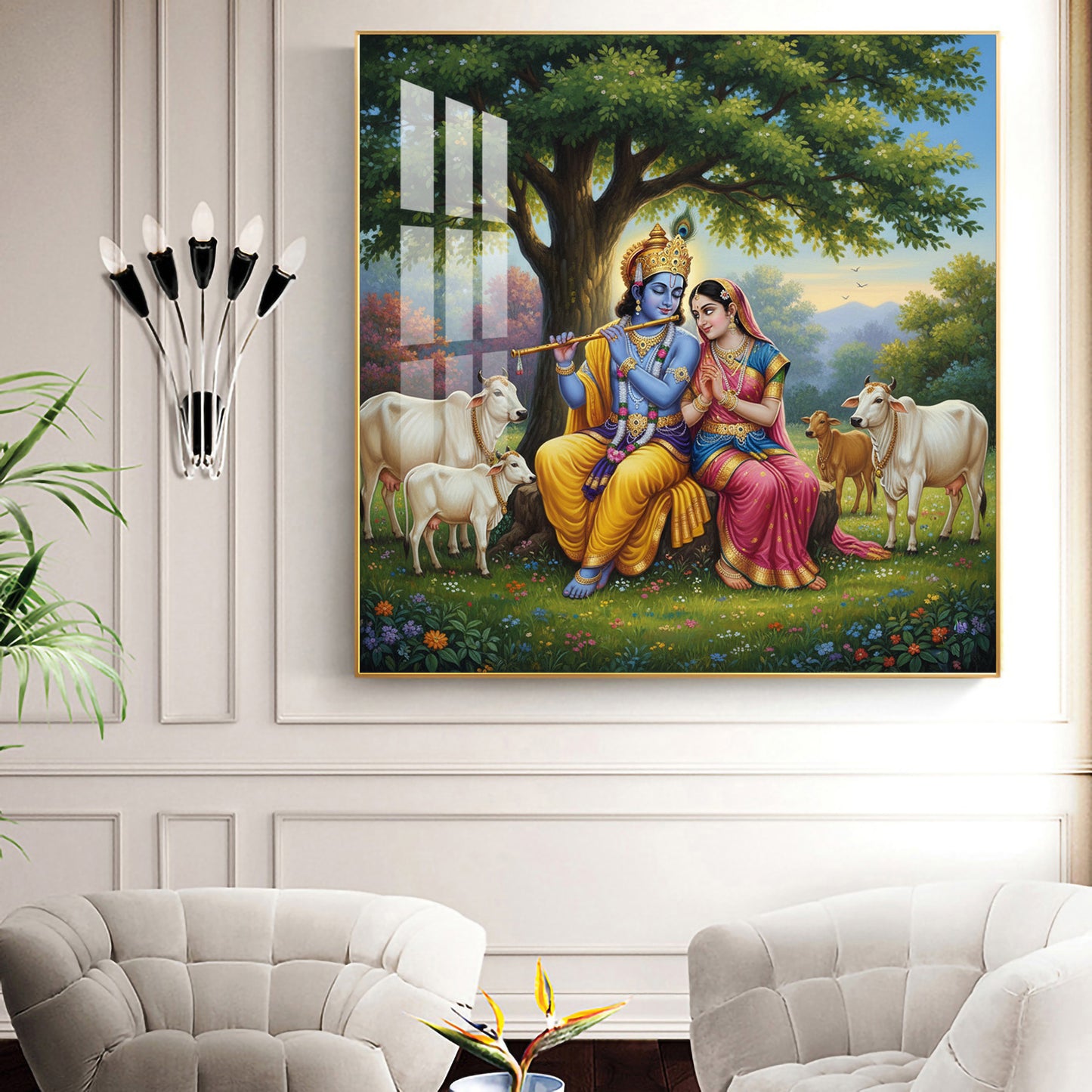 Radha Krishna With Cow Glass Finish Square Wall Art