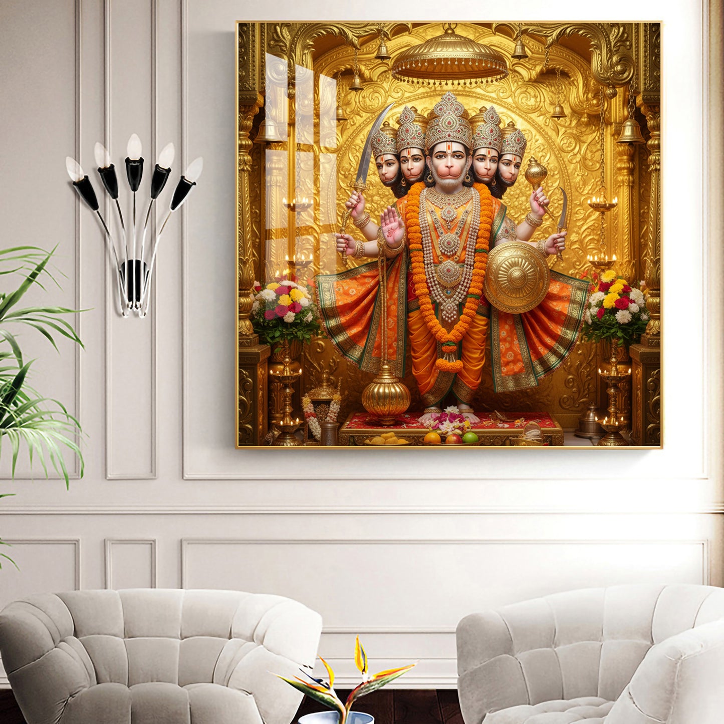 Panchmukhi Hanuman Ji Glass Finish Square Wall Art