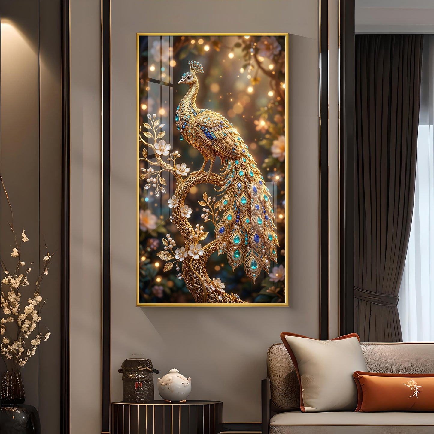 Elegant Peacock Fantasy Glass Finish Vertical Wall Art