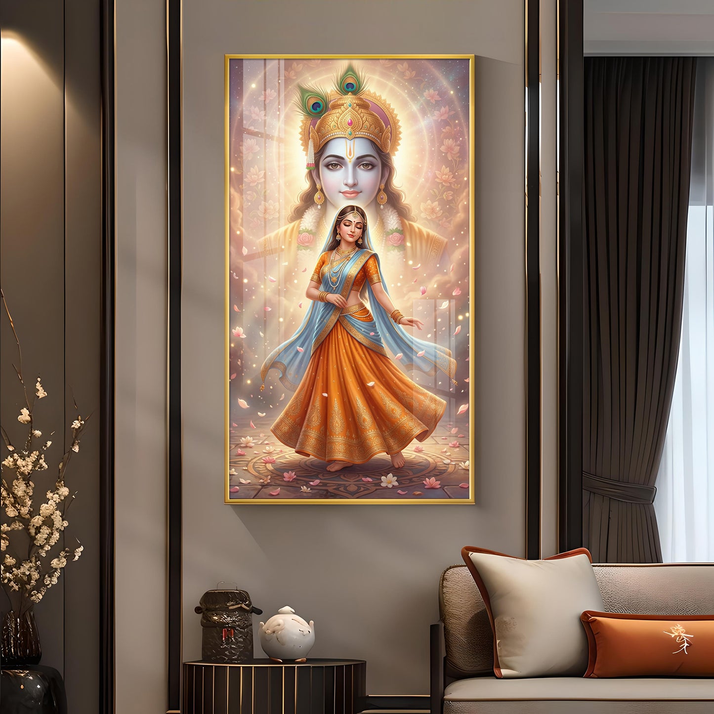 Radha With Shri Krishna Glass Finish Vertical Wall Art