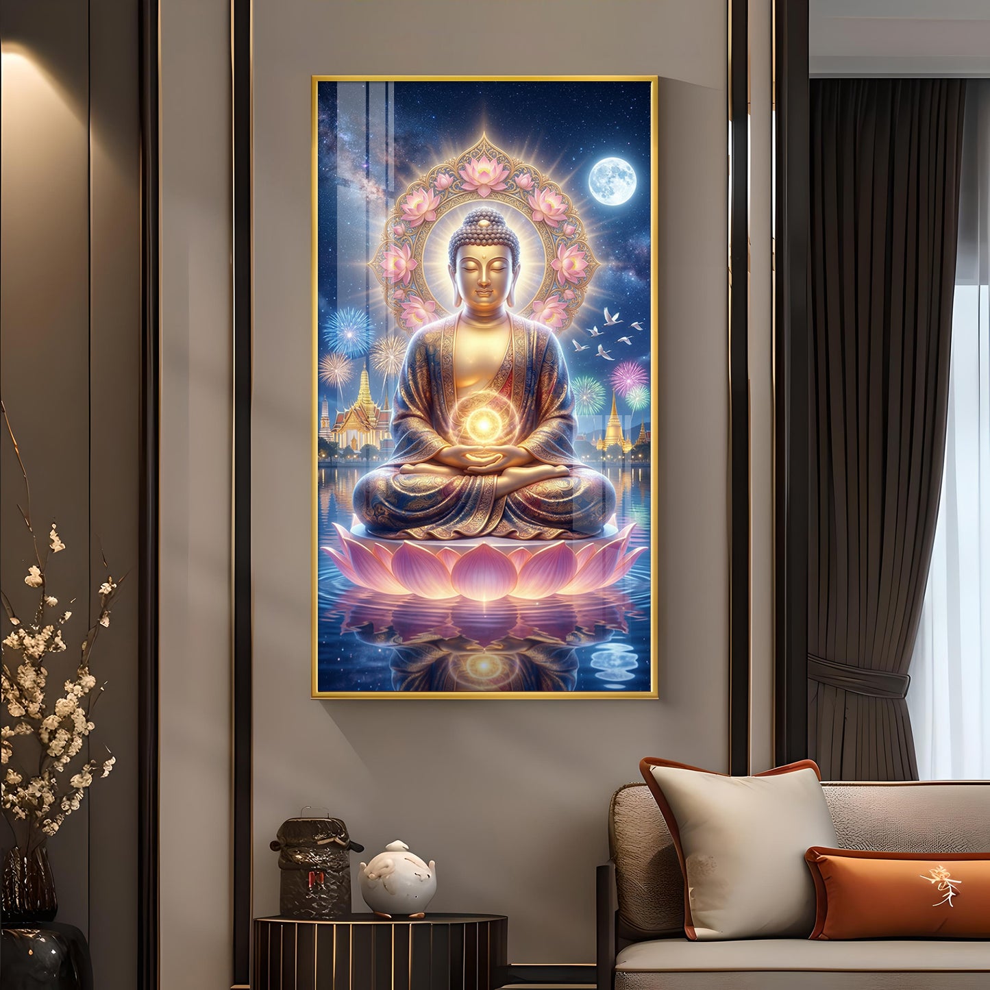 Namo Buddhay Glass Finish Vertical Wall Art