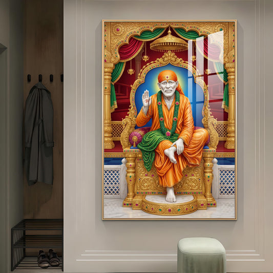 Sai Baba Religious Glass Finish Vertical Wall Art
