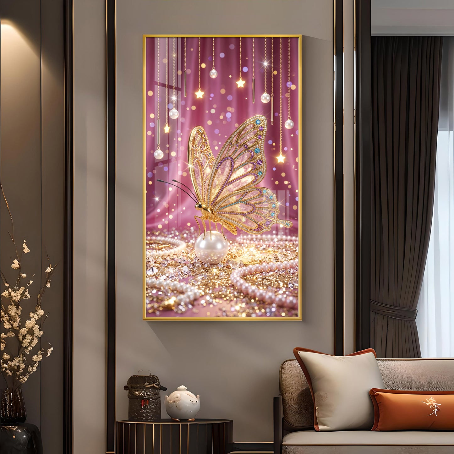 Elegant Pink Butterfly Glass Finish Vertical Wall Art