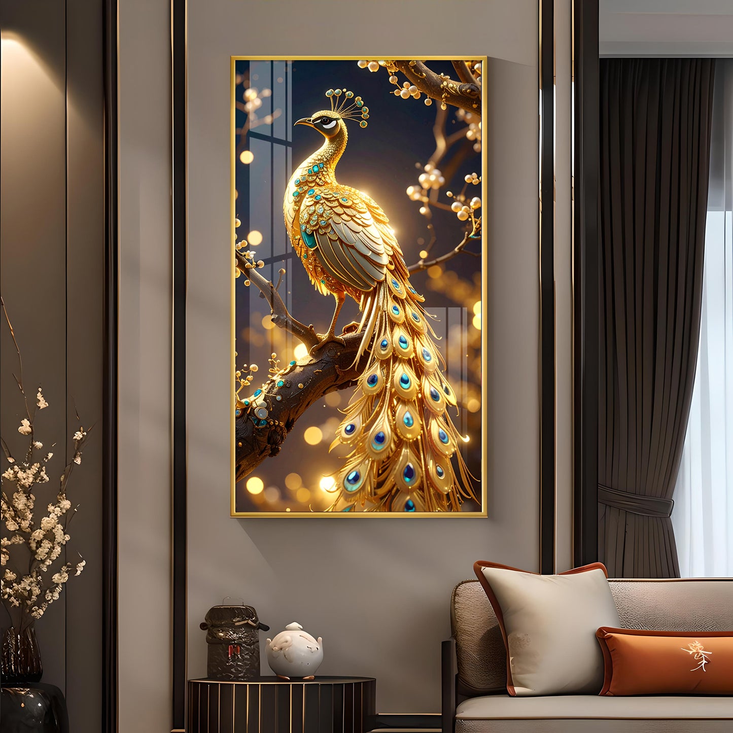 Celestial Golden Peacock Glass Finish Vertical Wall Art