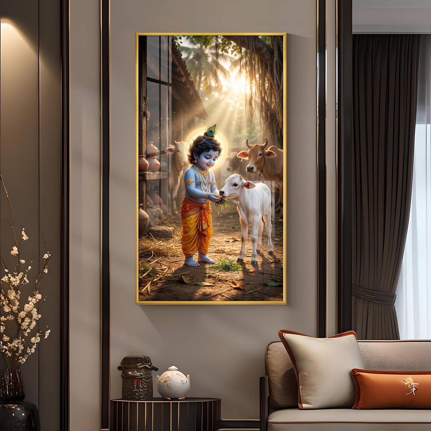 LIttle Krishna With Calf Glass Finish Vertical Wall Art