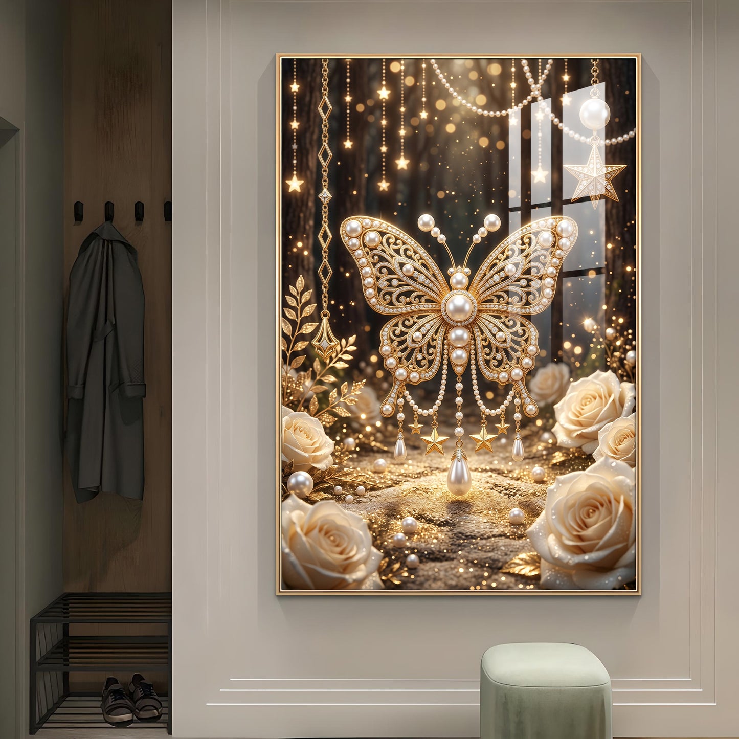 Golden Butterfly Embellished With Pearls Glass Finish Vertical Wall Art