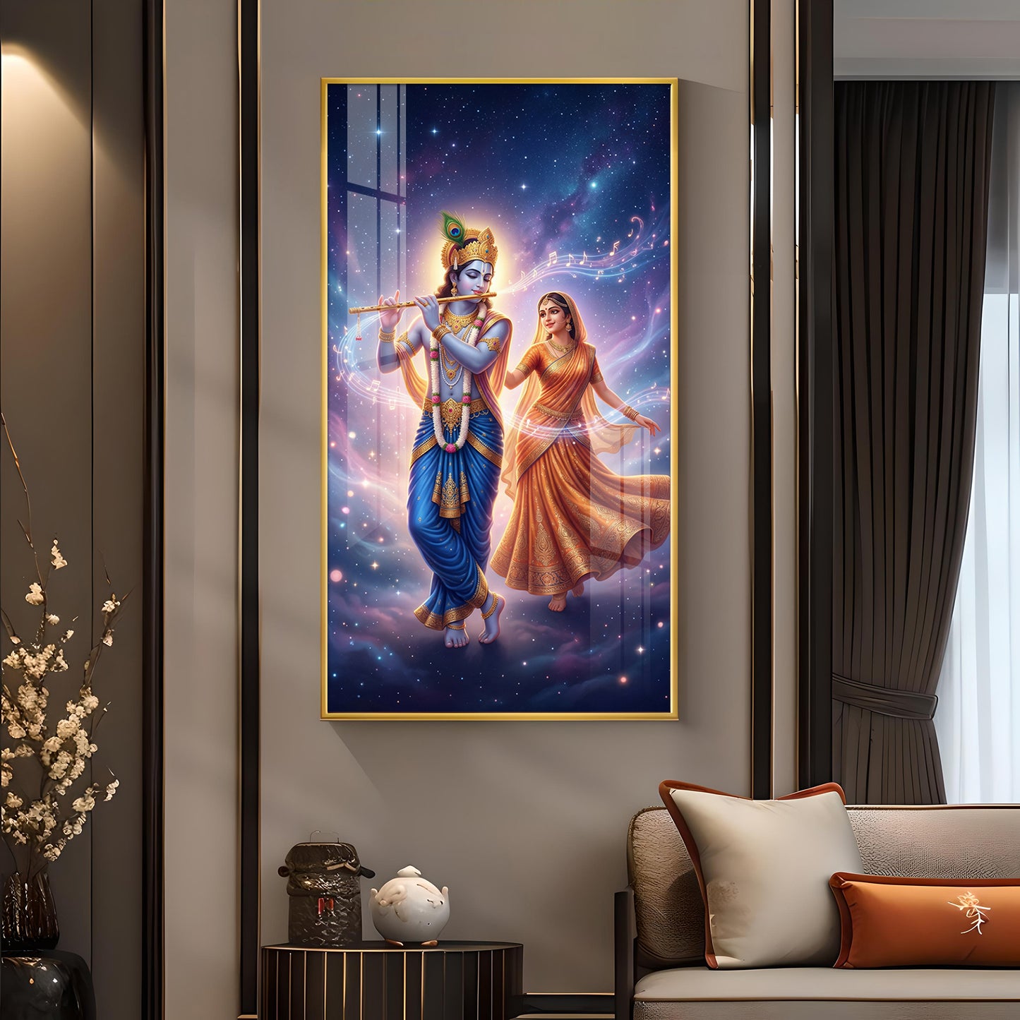 Radha Krishna Divine Glass Finish Vertical Wall Art