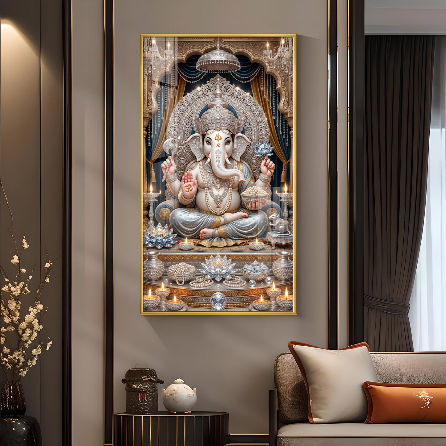 Depicts Lord Ganesha Glass Finish Vertical Wall Art