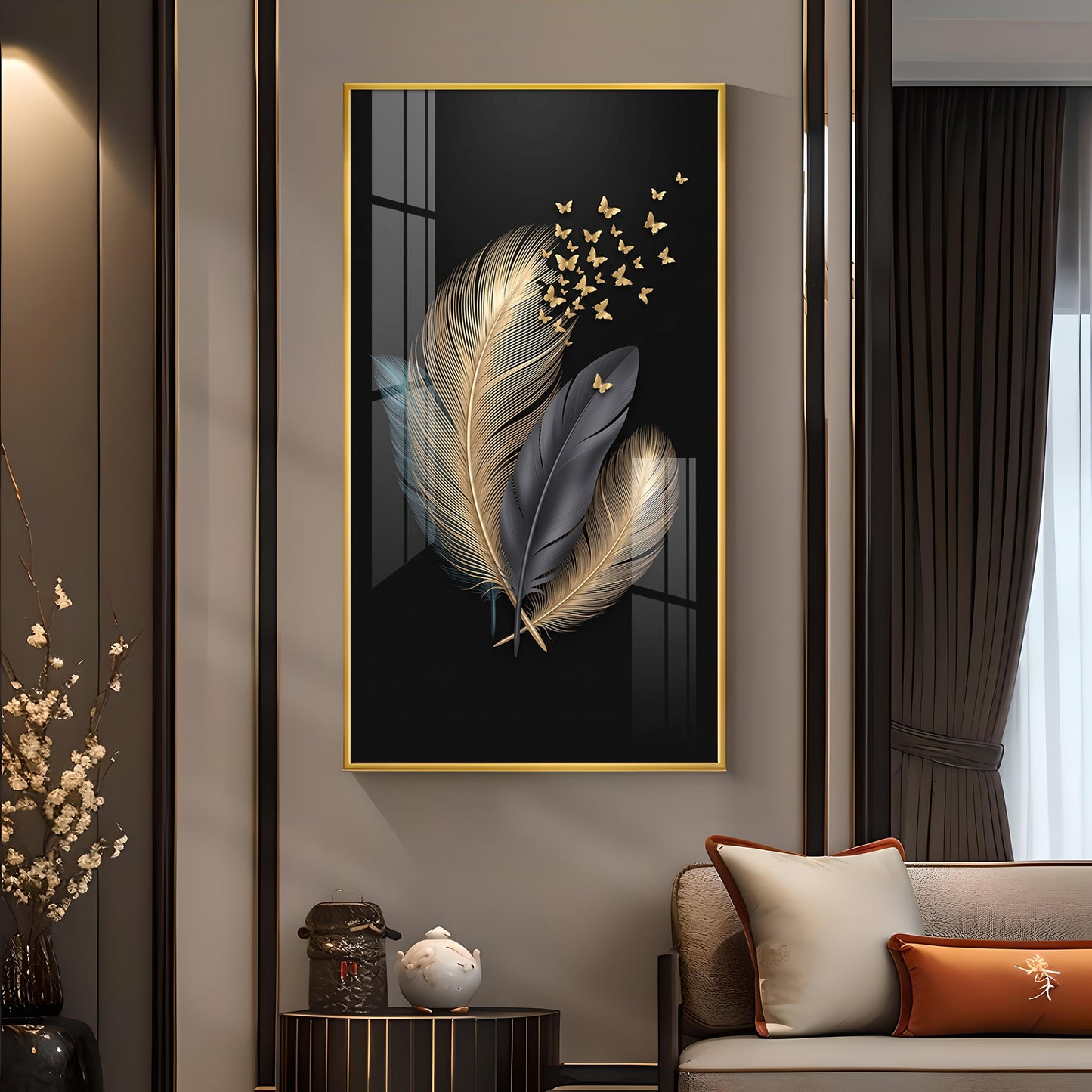 Black & Gold Feathers With Delicate Butterflies Glass Finish Vertical Wall Art