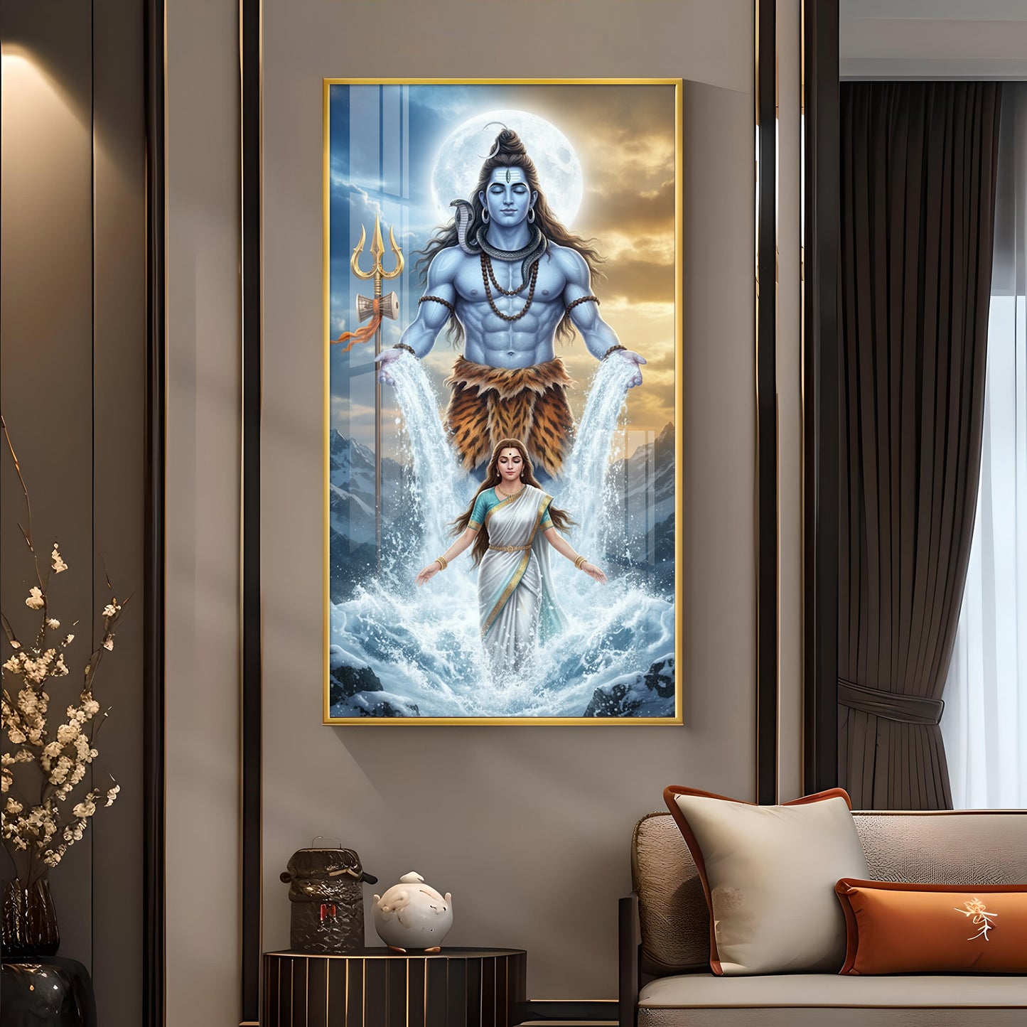 Shiv Parvati Glass Finish Vertical Wall Art