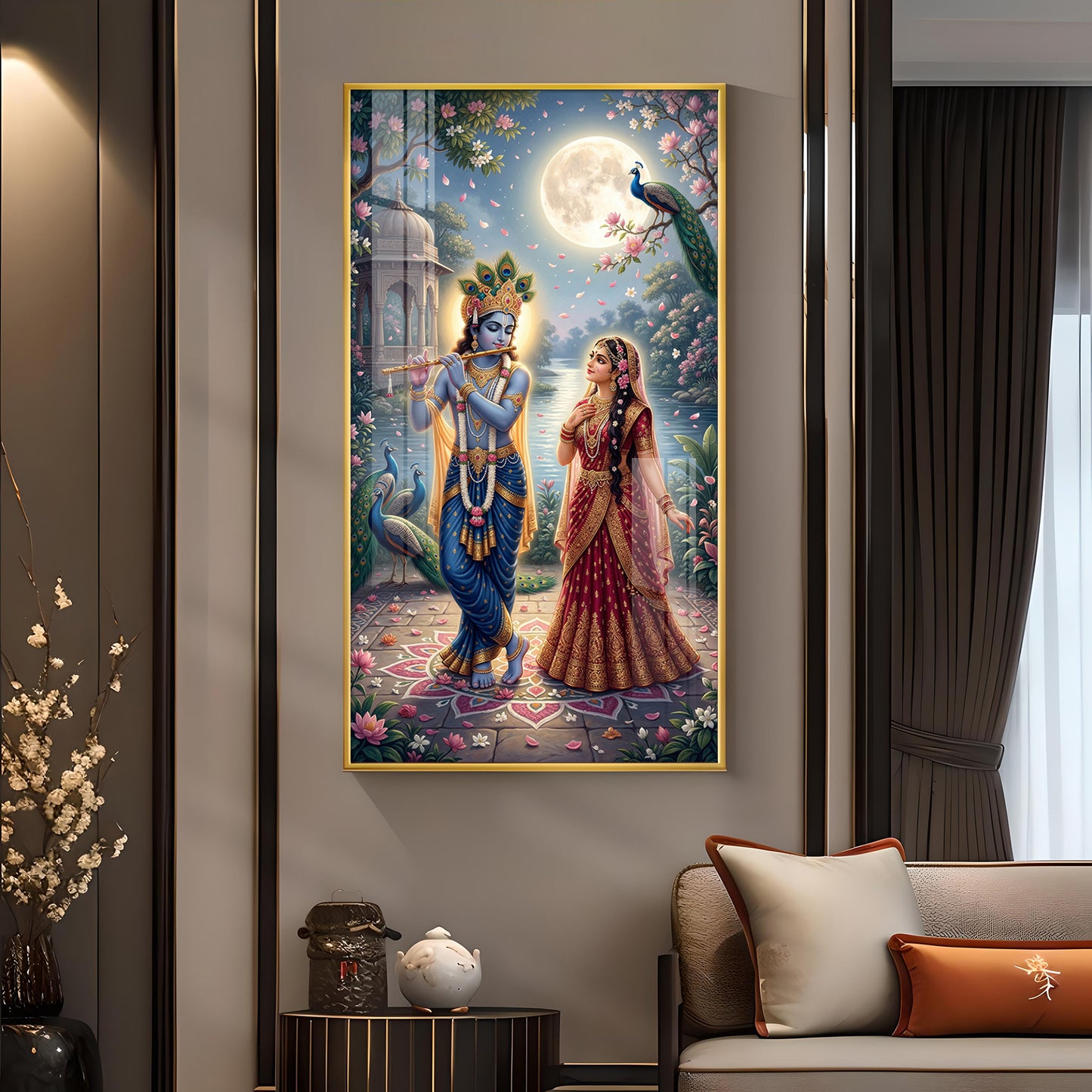 Sri Radha Krishna Glass Finish Vertical Wall Art