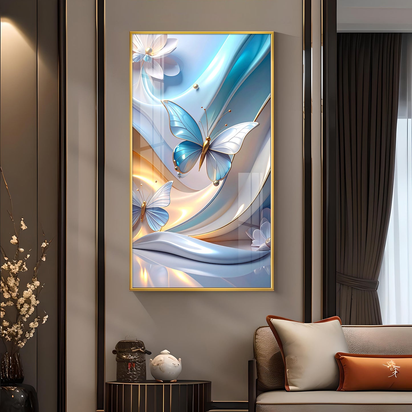 Enchanted Blue Flutter Glass Finish Vertical Wall Art