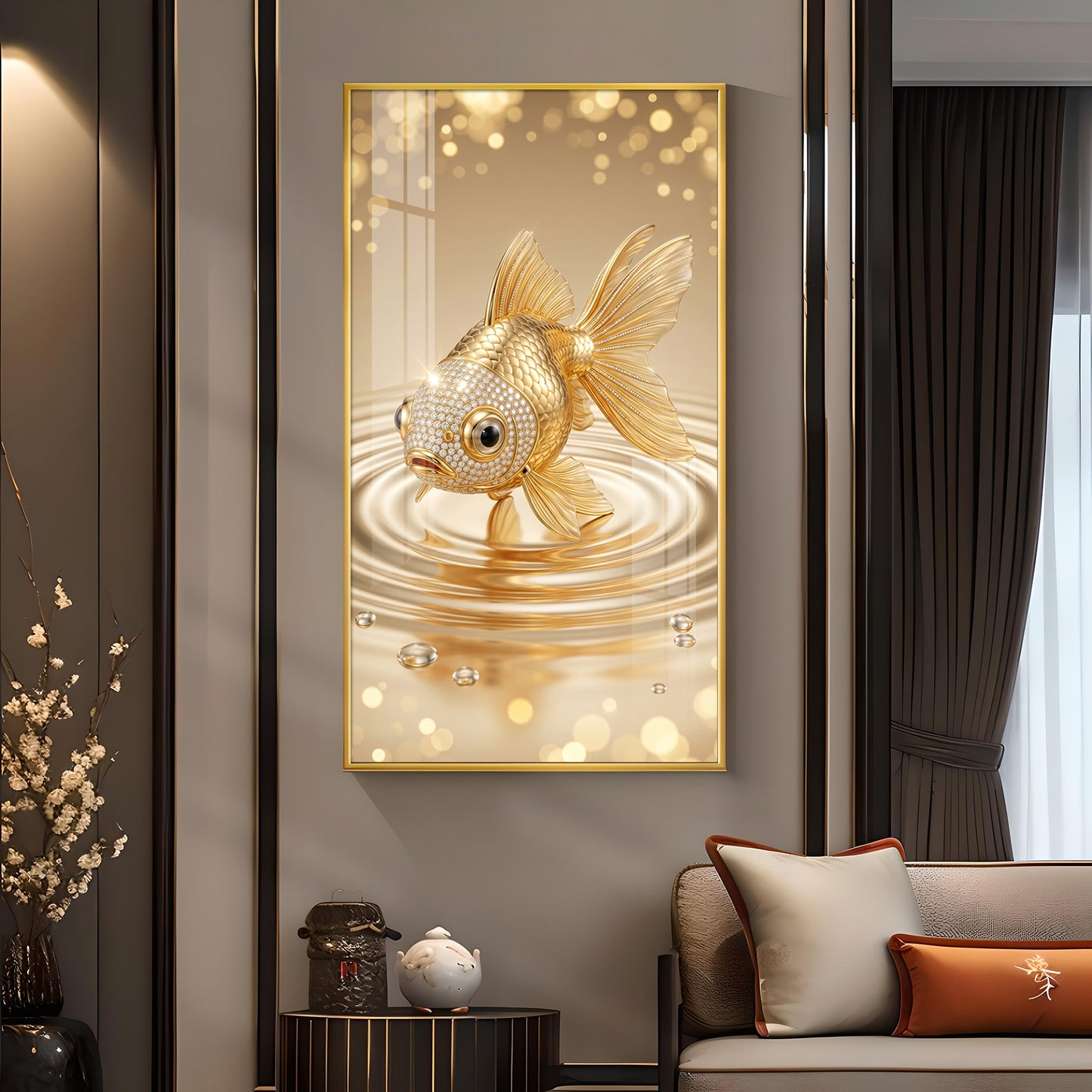 Lucky Golden Fish Glass Finish Vertical Wall Art