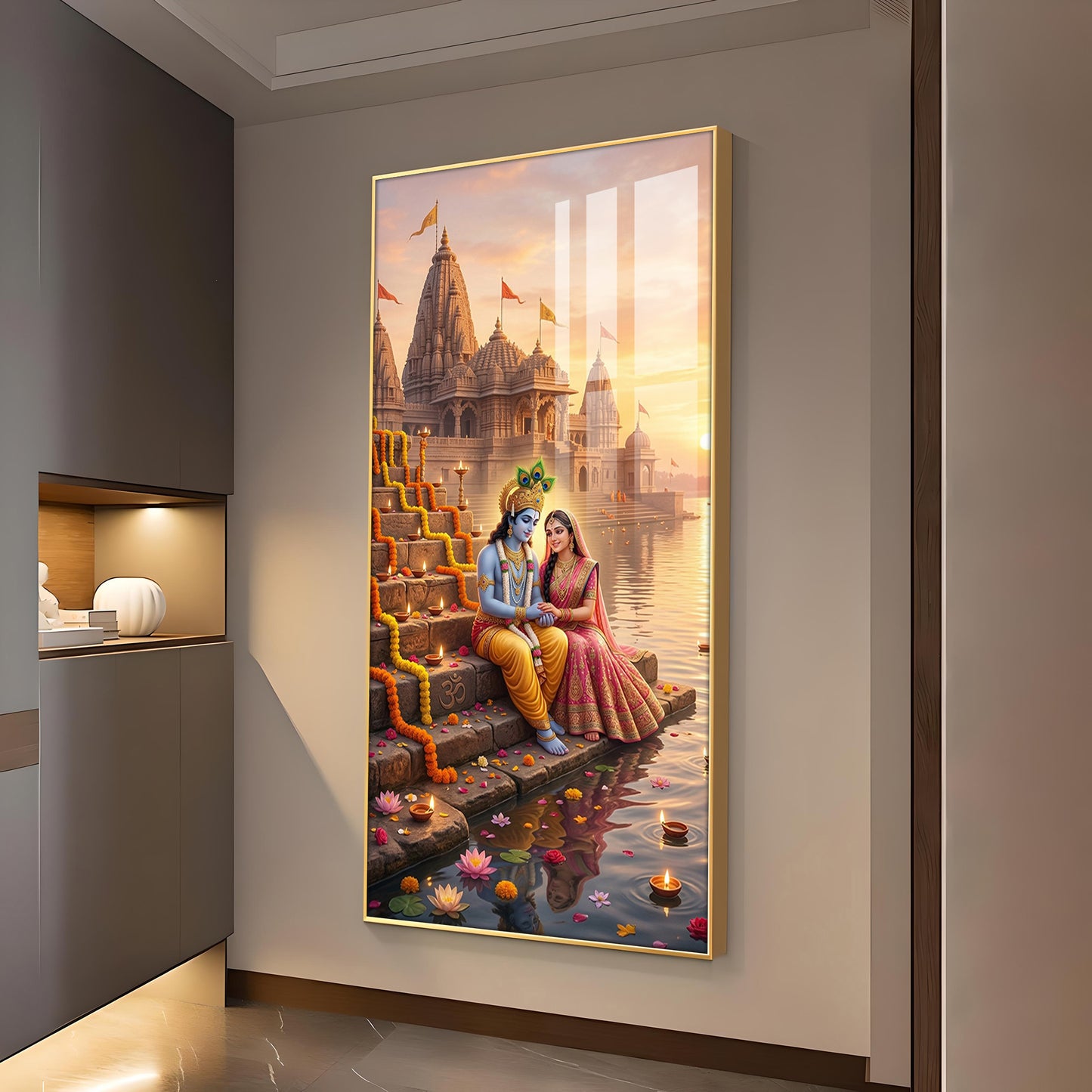 Radha Krishna On Ghat Glass Finish Vertical Wall Art