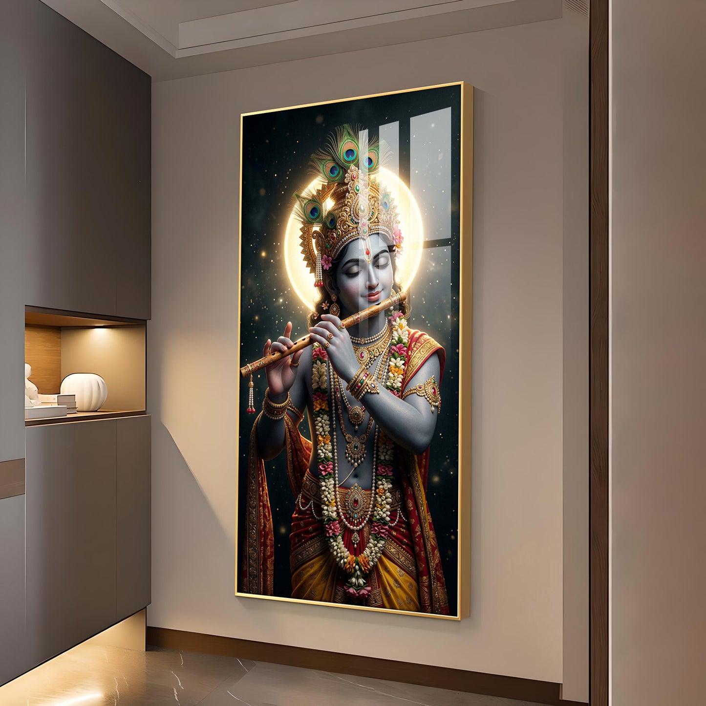 Divine Hare Krishna Glass Finish Vertical Wall Art