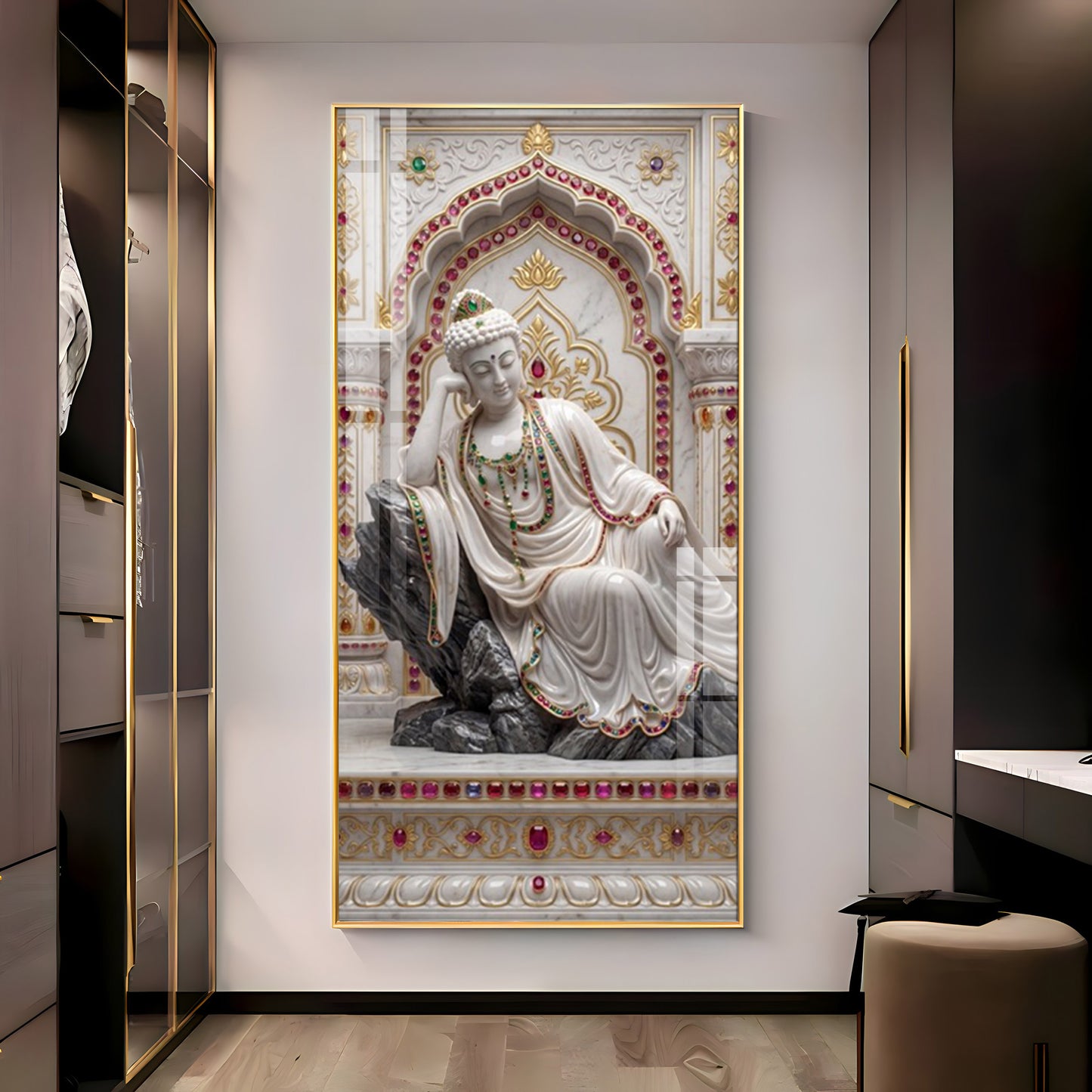 Elegant Buddha Glass Finish Vertical Wall Art