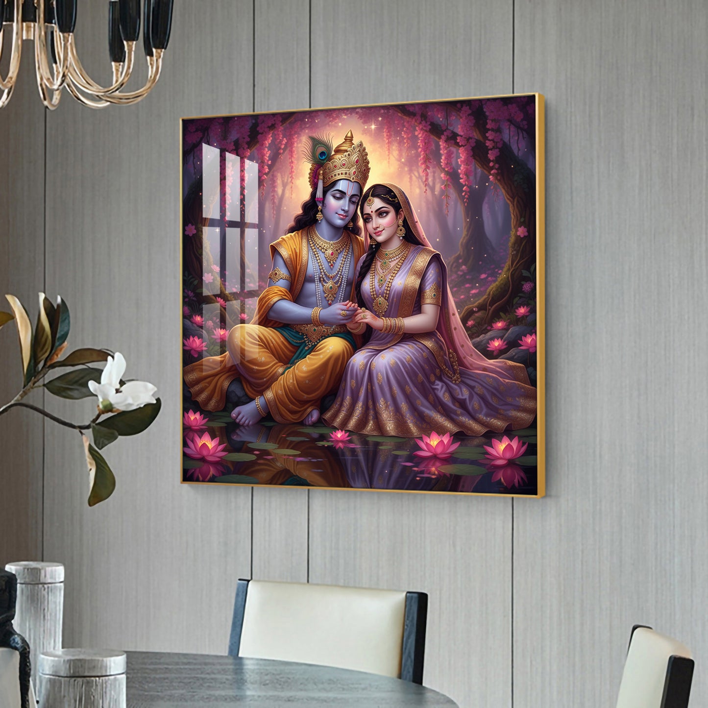 Loving Beautiful Radha Krishna Glass Finish Square Wall Art