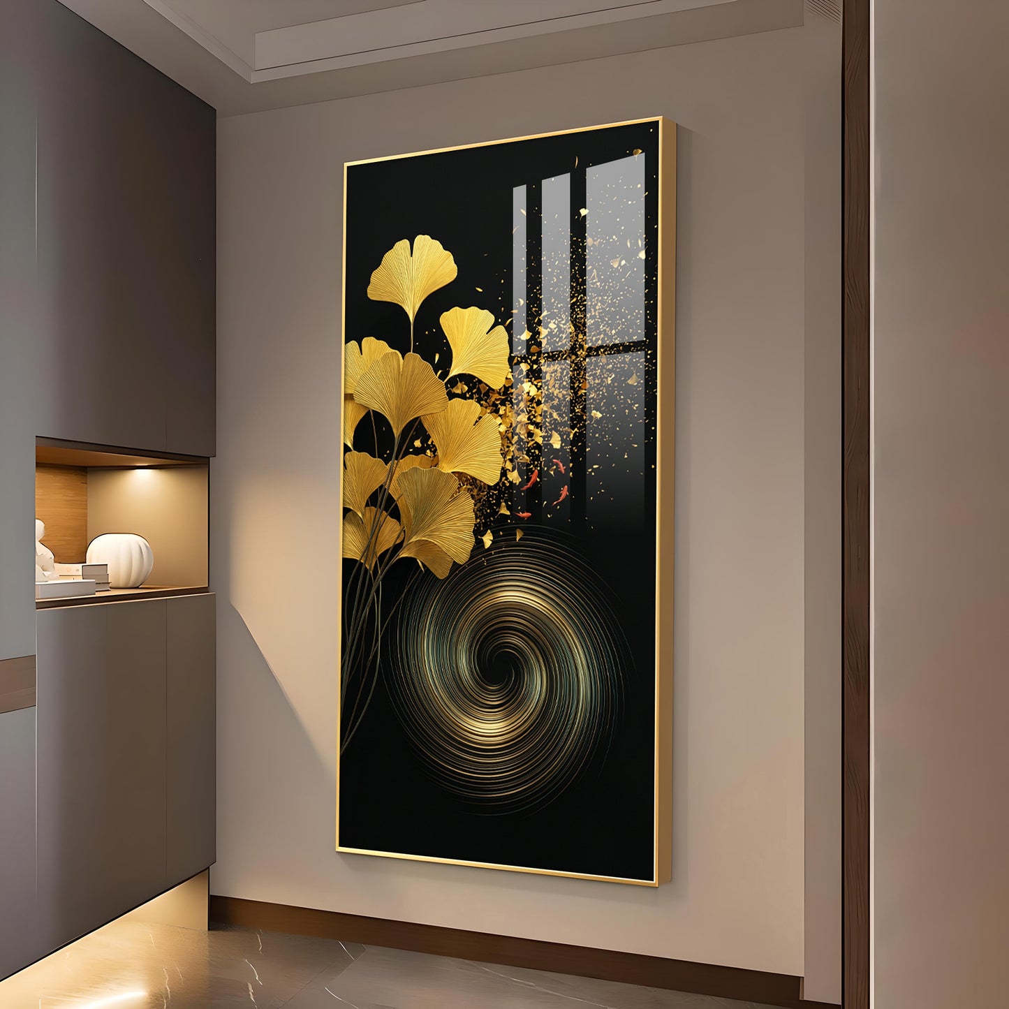 Gold Ginkgo Leaves Glass Finish Vertical Wall Art