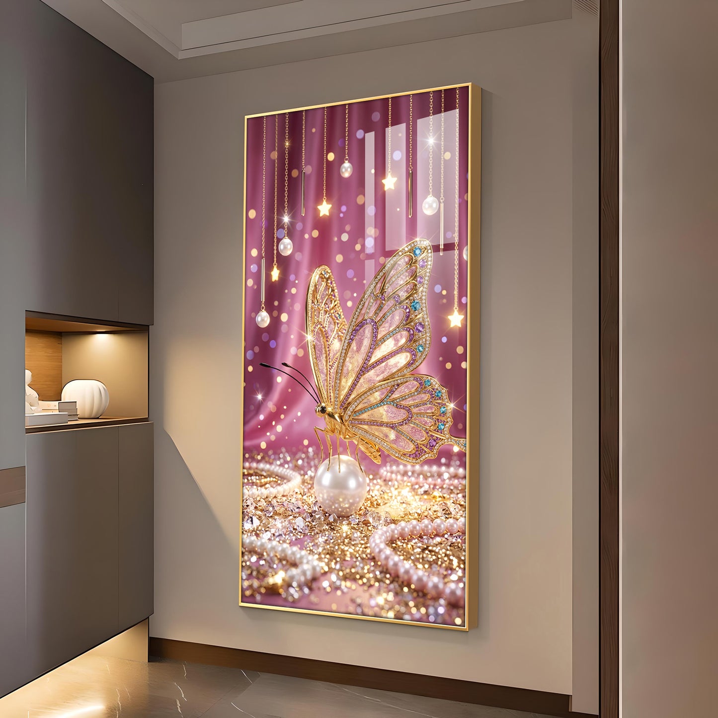 Elegant Pink Butterfly Glass Finish Vertical Wall Art