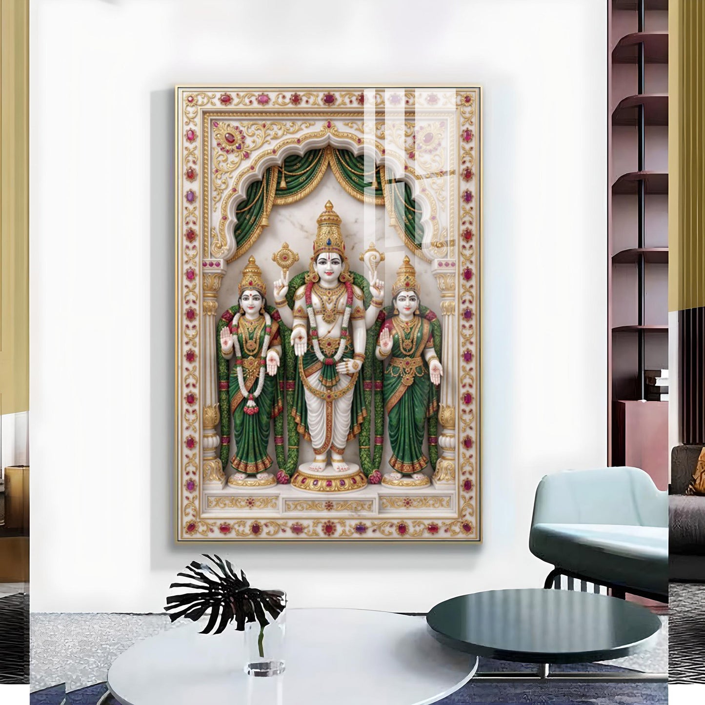 Lord Murugan with Valli and Devasena Glass Finish Vertical Wall Art