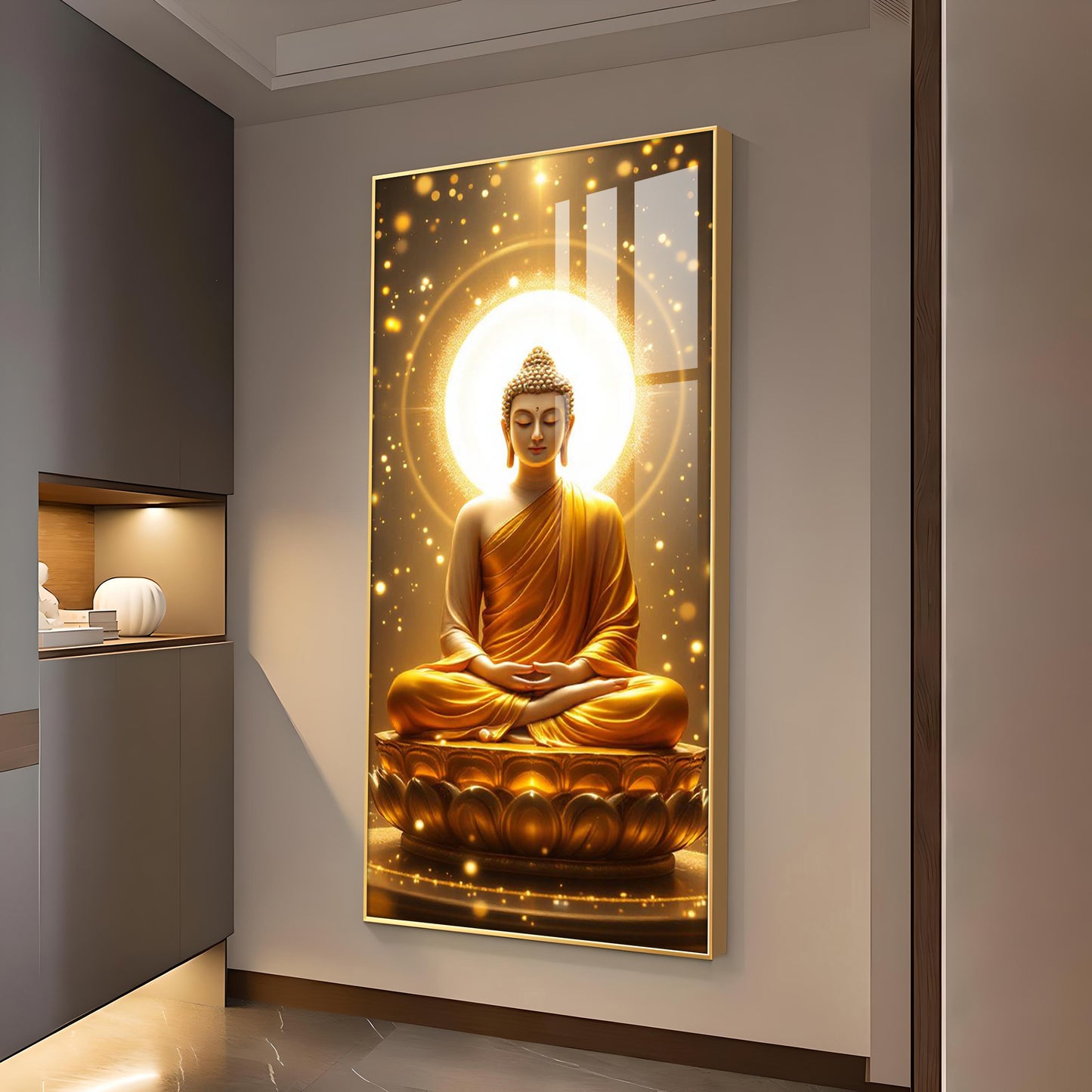 Meditating Gautam Buddha Glass Finish Vertical Wall Art