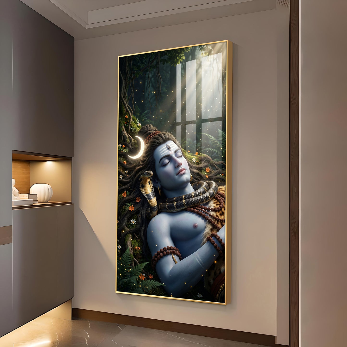 Hindu Deity Shiva Glass Finish Vertical Wall Art