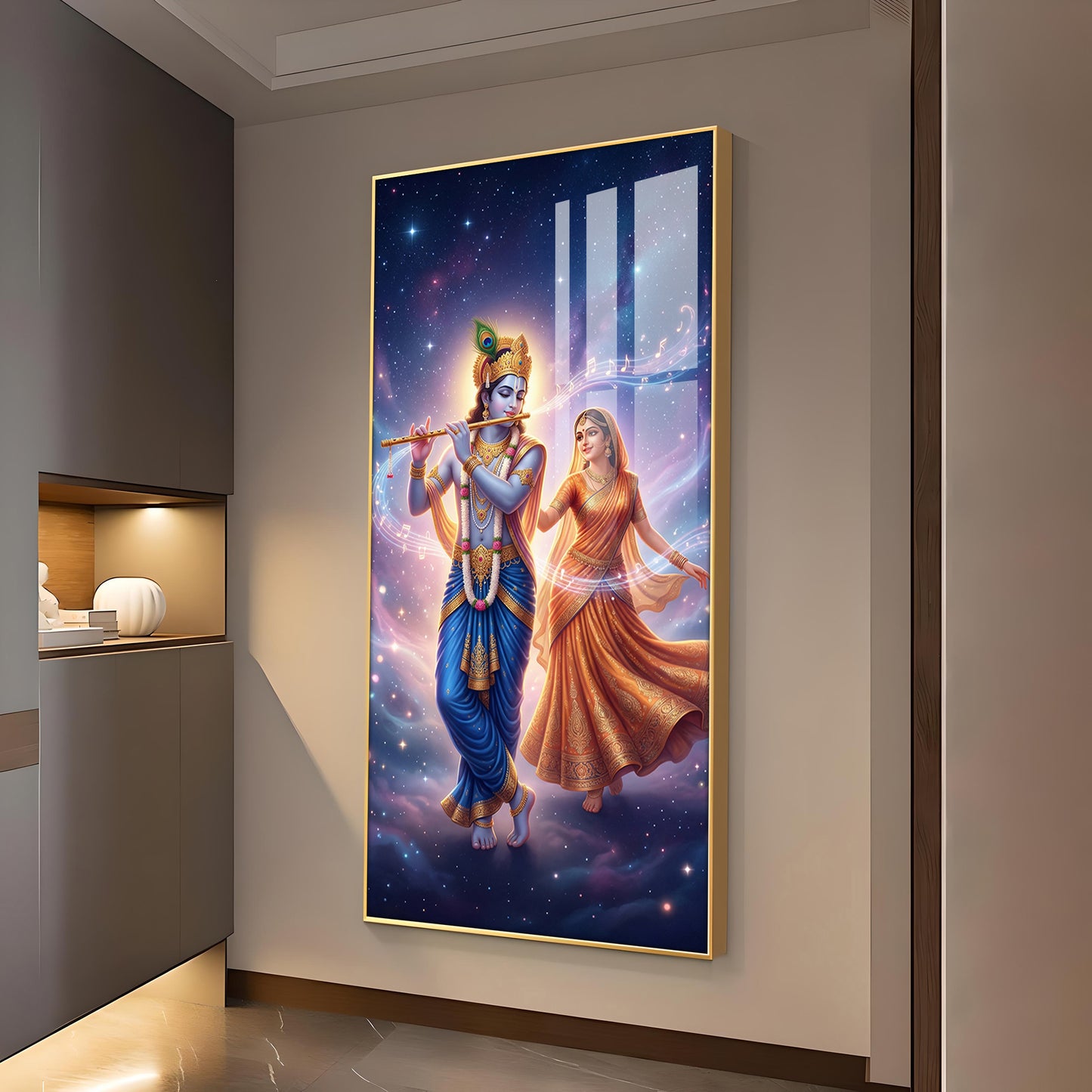 Radha Krishna Divine Glass Finish Vertical Wall Art