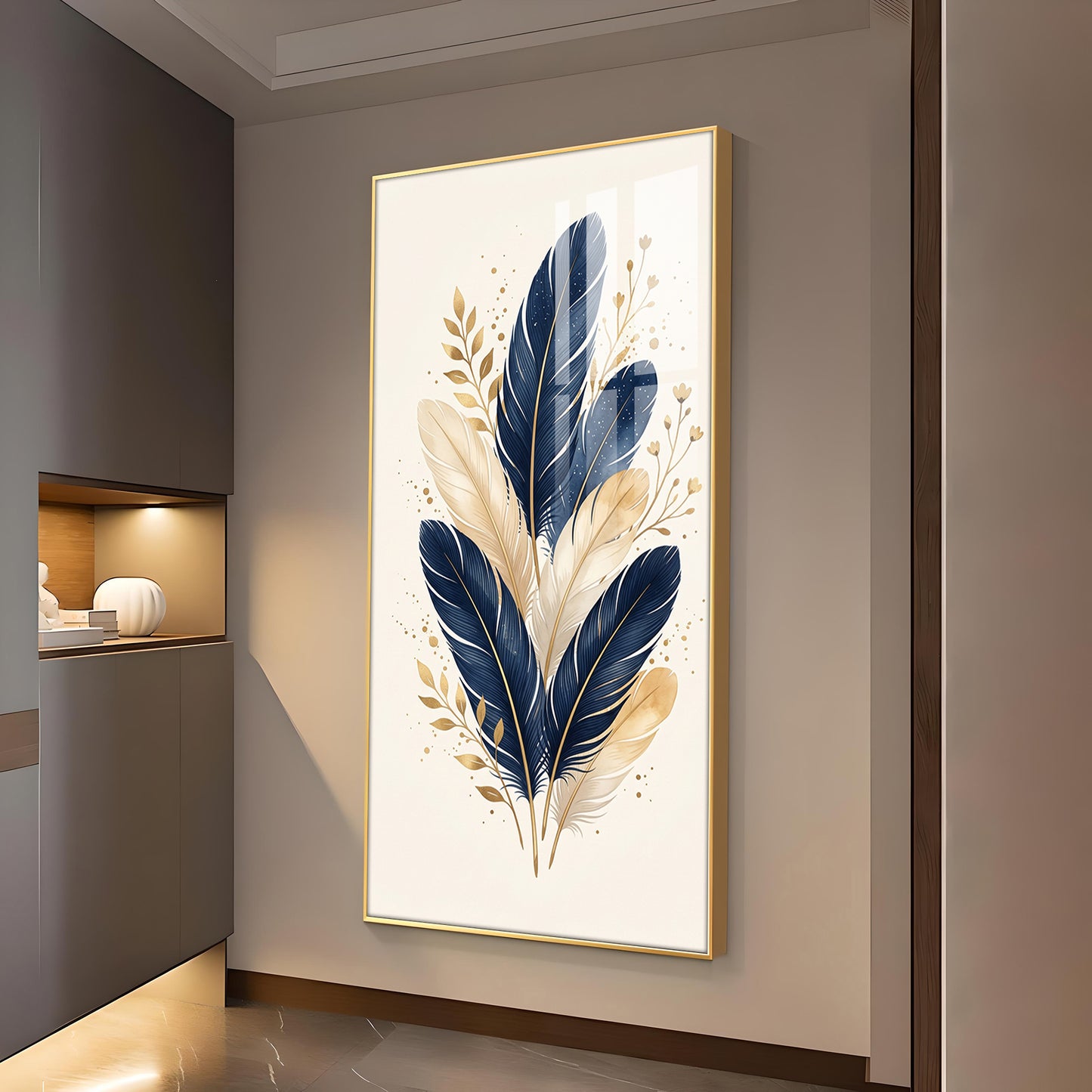 Blue & Metallic Gold Feathers Glass Finish Vertical Wall Art
