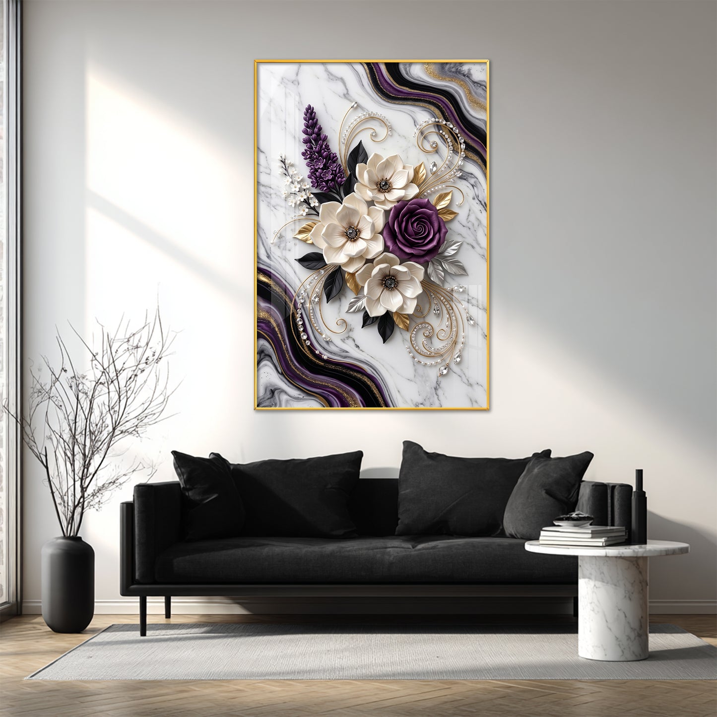 Beautiful Purple & White Flowers Glass Finish Vertical Wall Art