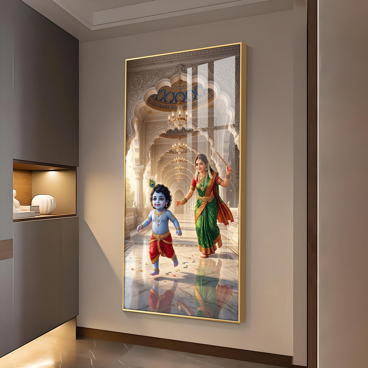 Little kanha With Maa Yashoda Glass Finish Vertical Wall Art