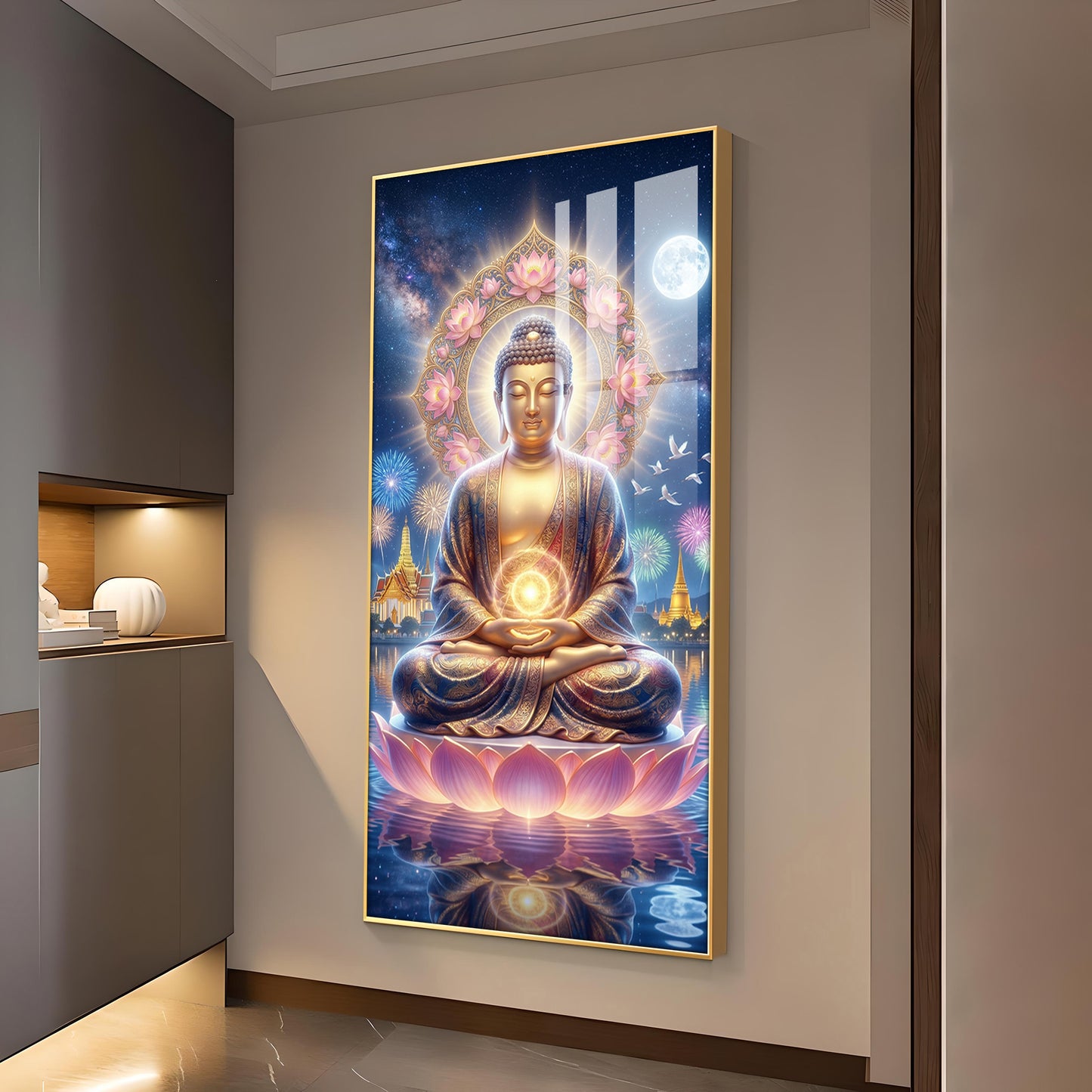 Namo Buddhay Glass Finish Vertical Wall Art