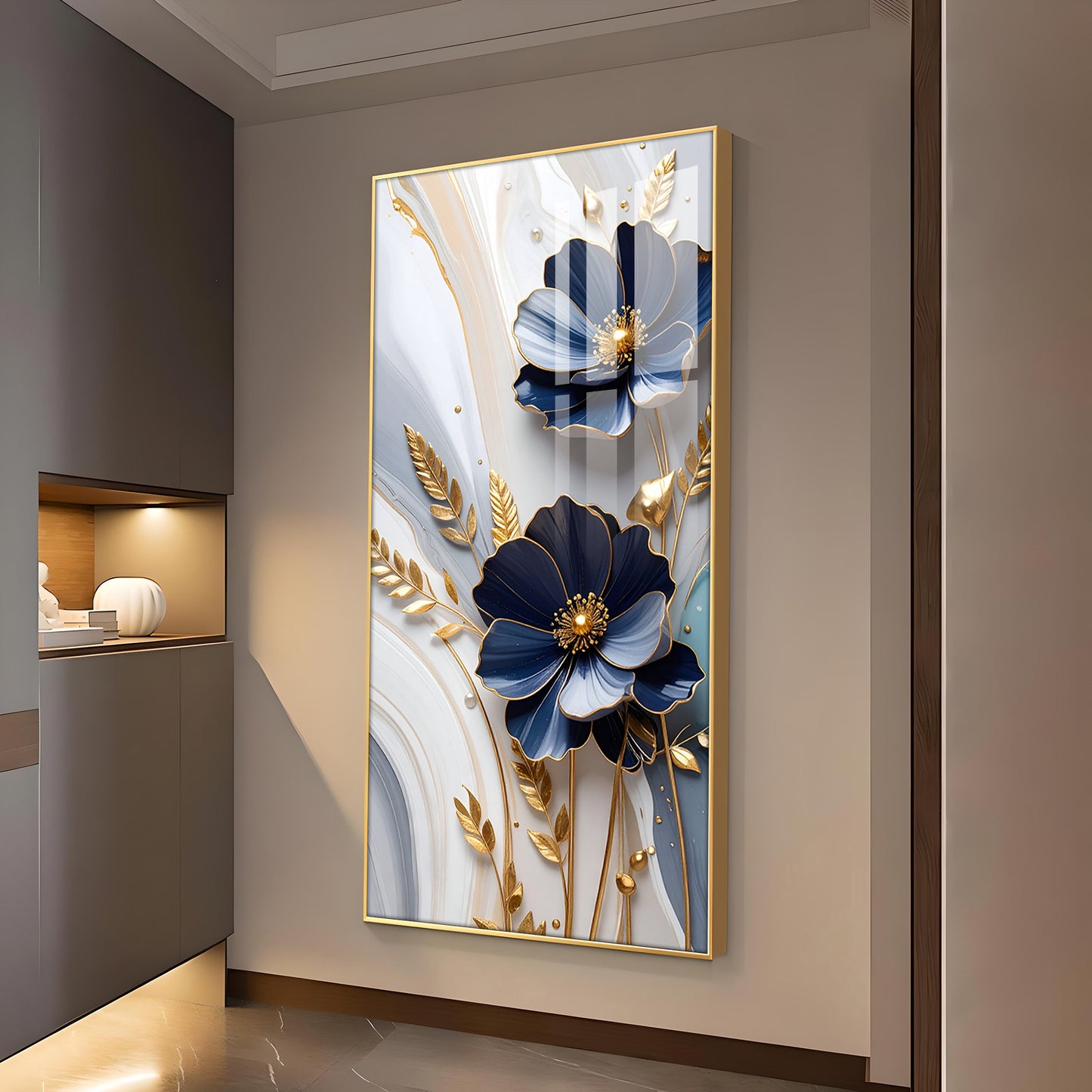 Blue Petal Luxe Flower Glass Finish Vertical Wall Art