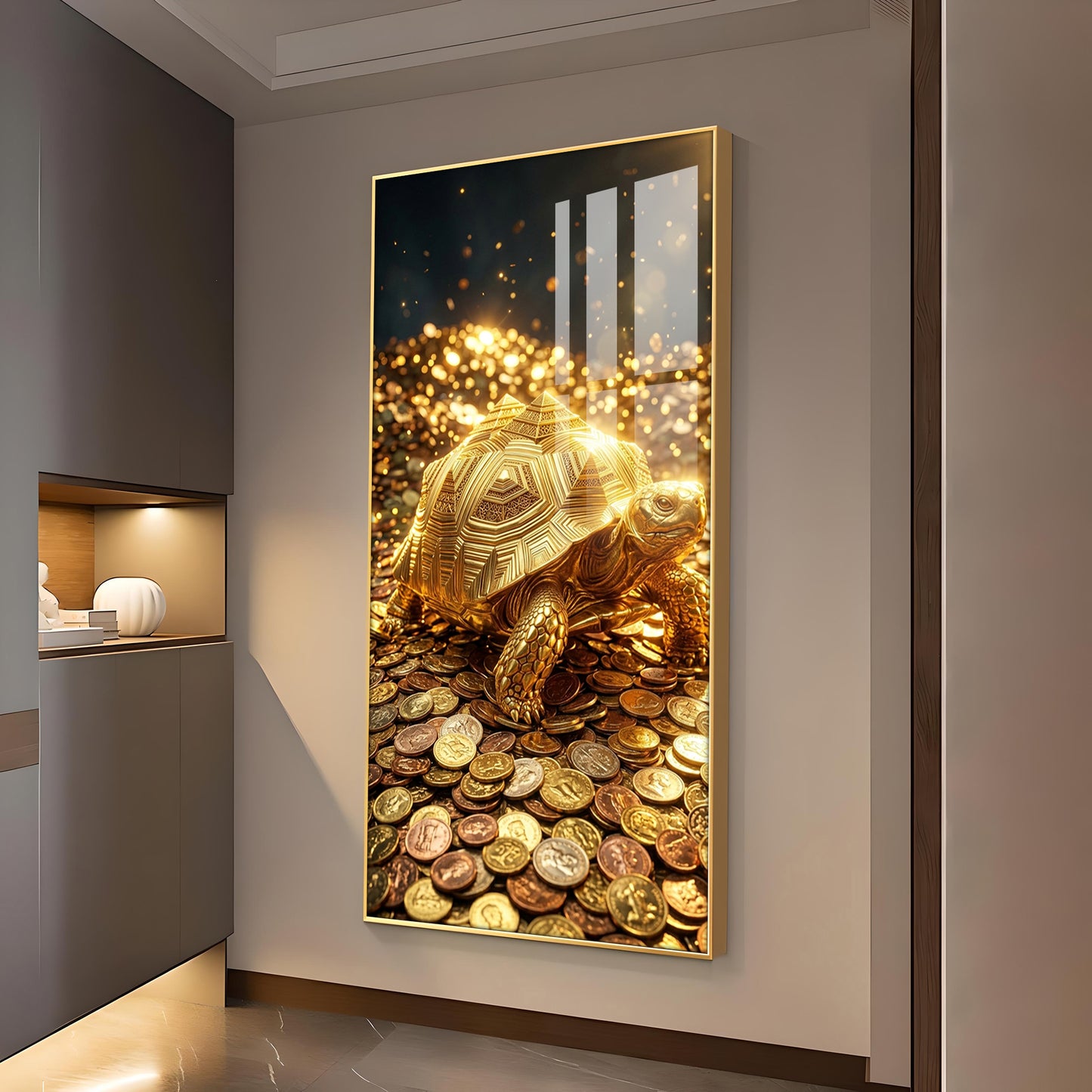 Lucky Turtle Glass Finish Vertical Wall Art