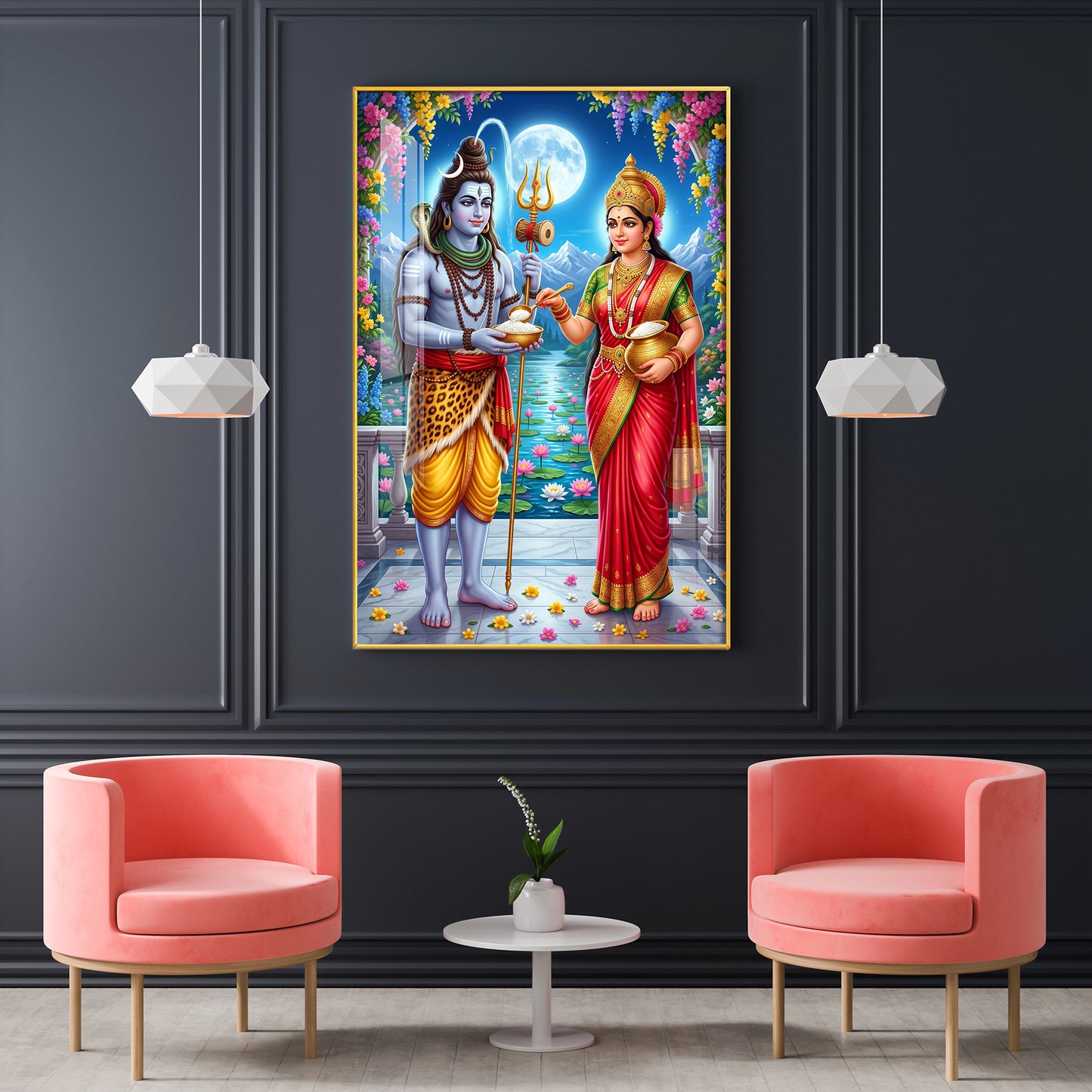 Annapurna Devi Offering Food To Lord Shiva Glass Finish Vertical Wall Art