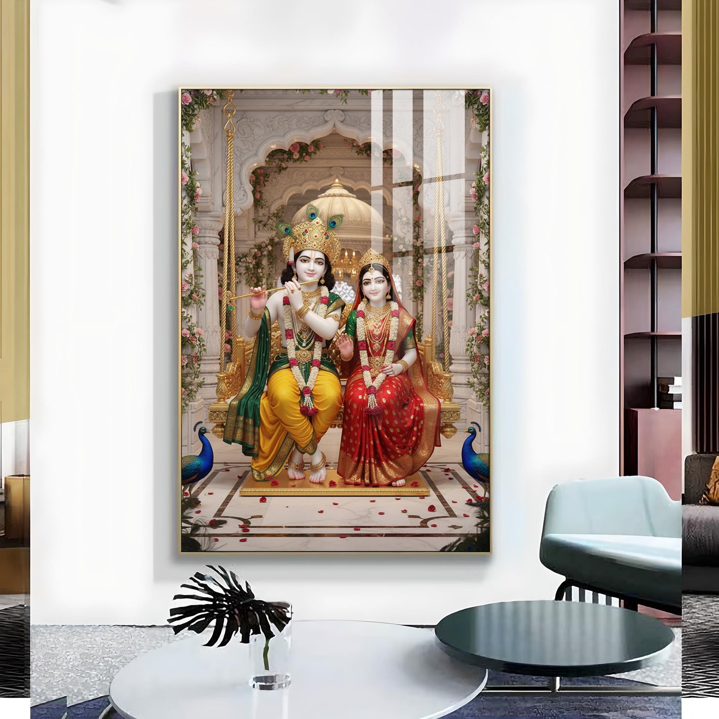 Hindu Deities Radha & Krishna Sitting Together Glass Finish Vertical Wall Art