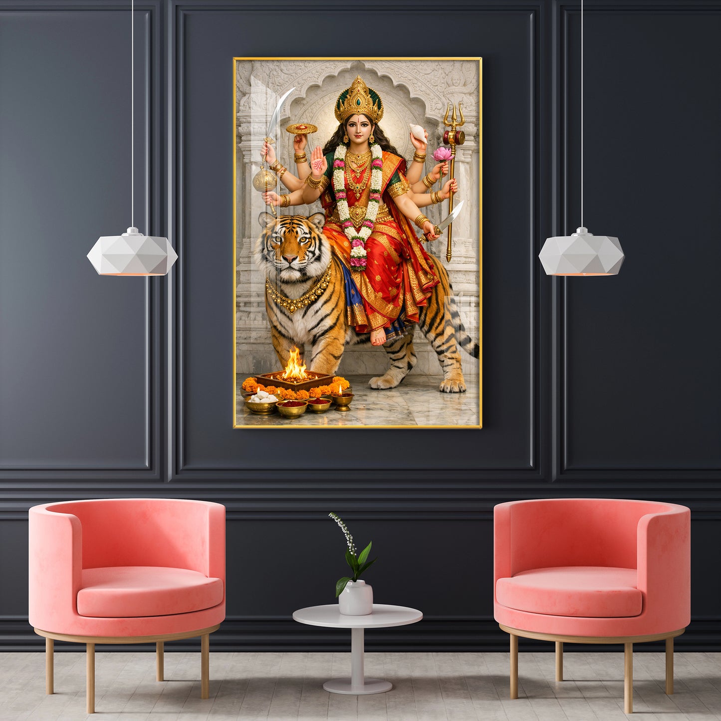 Maa Durga Seated On Tiger Glass Finish Vertical Wall Art