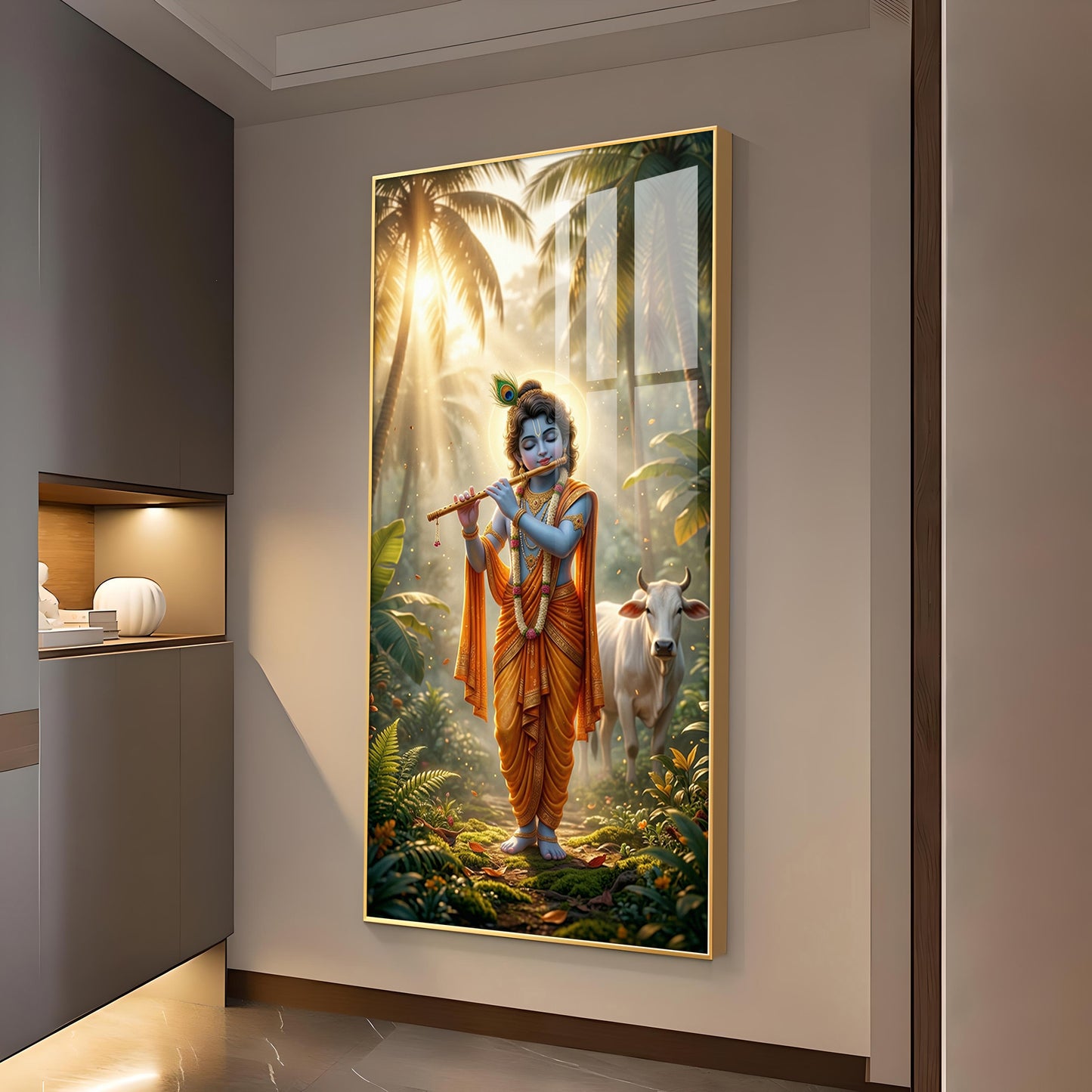 Lord Krishna Ji Playing Flute Glass Finish Vertical Wall Art