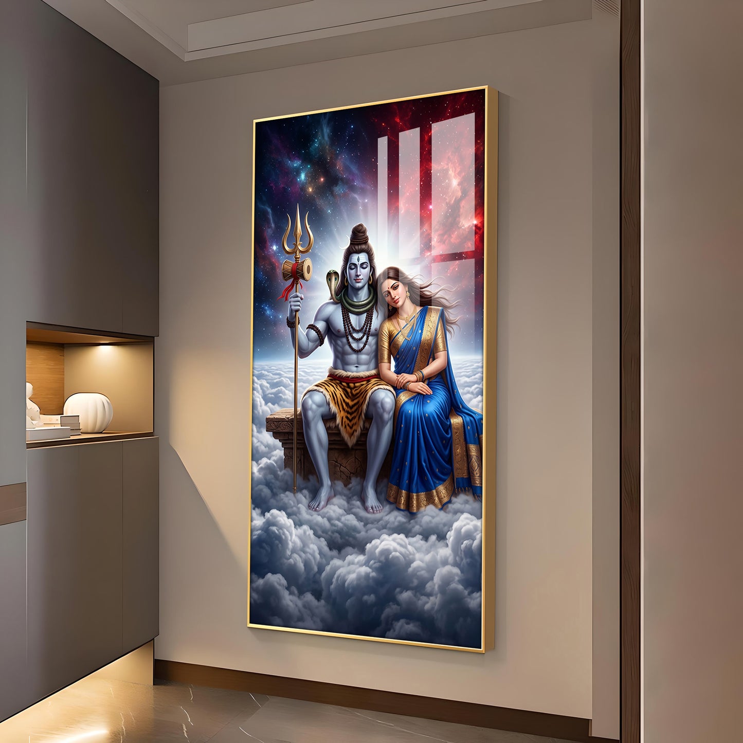 Hindu Deities Shiva & Parvati Glass Finish Vertical Wall Art