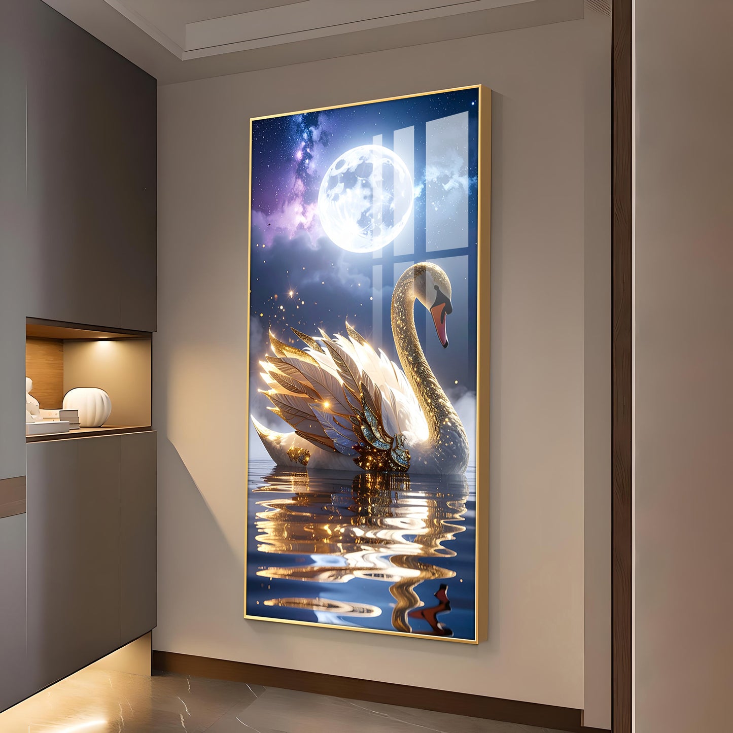Majestic swan with feathers Glass Finish Vertical Wall Art