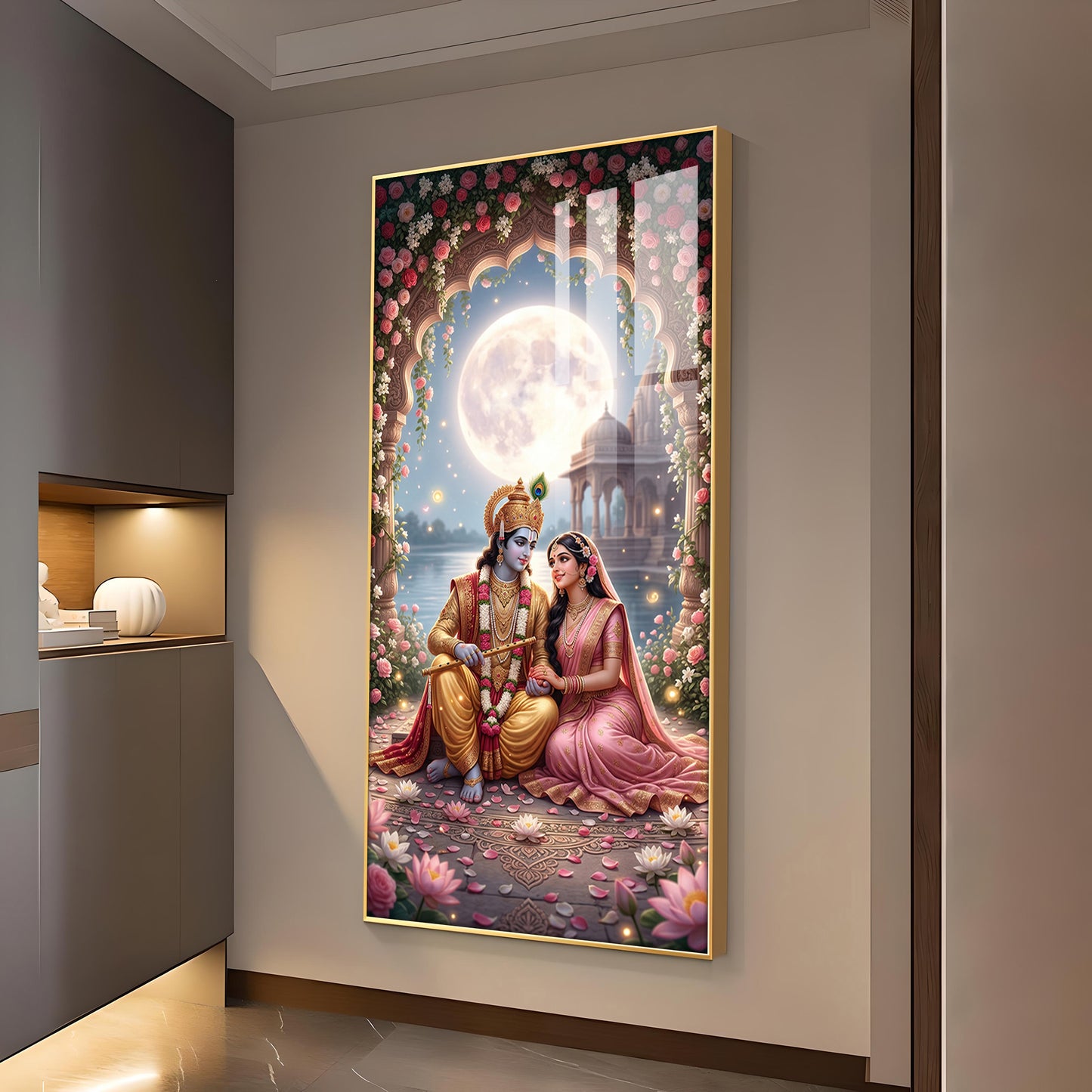 Religious Shri Radhe Krishna Glass Finish Vertical Wall Art