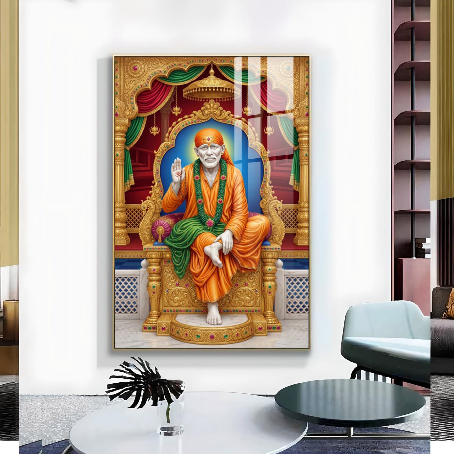 Sai Baba Religious Glass Finish Vertical Wall Art