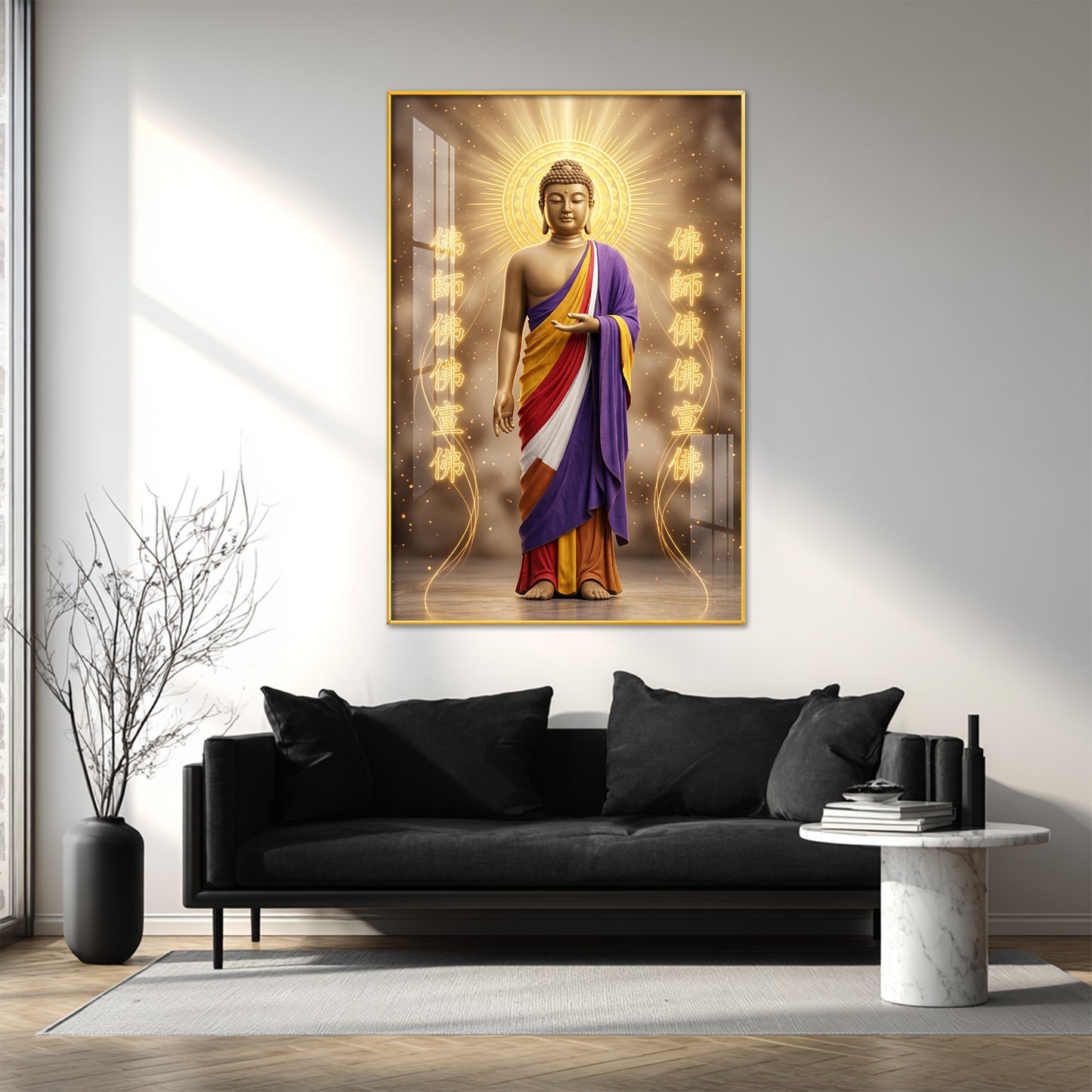 Depicting A Golden Buddha Glass Finish Vertical Wall Art